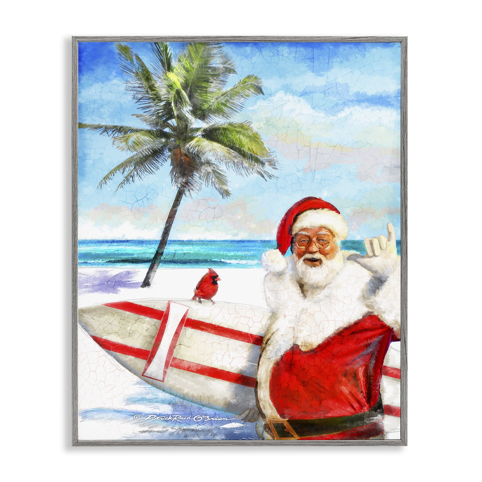 Stupell Industries Surfing Santa at Beach Holiday Painting Gray Framed Art Prints Wall Art, 24 x 30