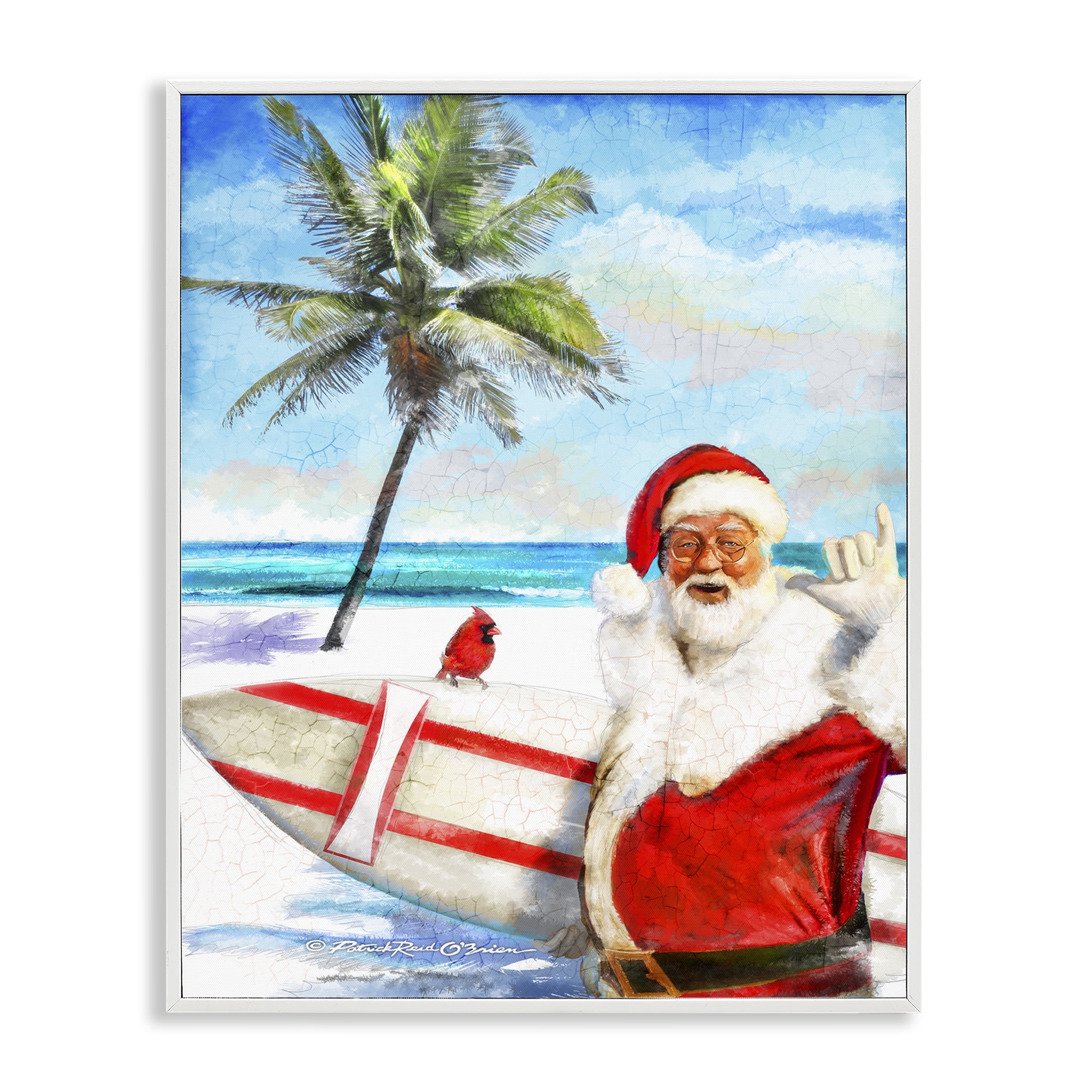 Stupell Industries Surfing Santa at Beach Holiday Painting White Framed Art Prints Wall Art, 16 x 20