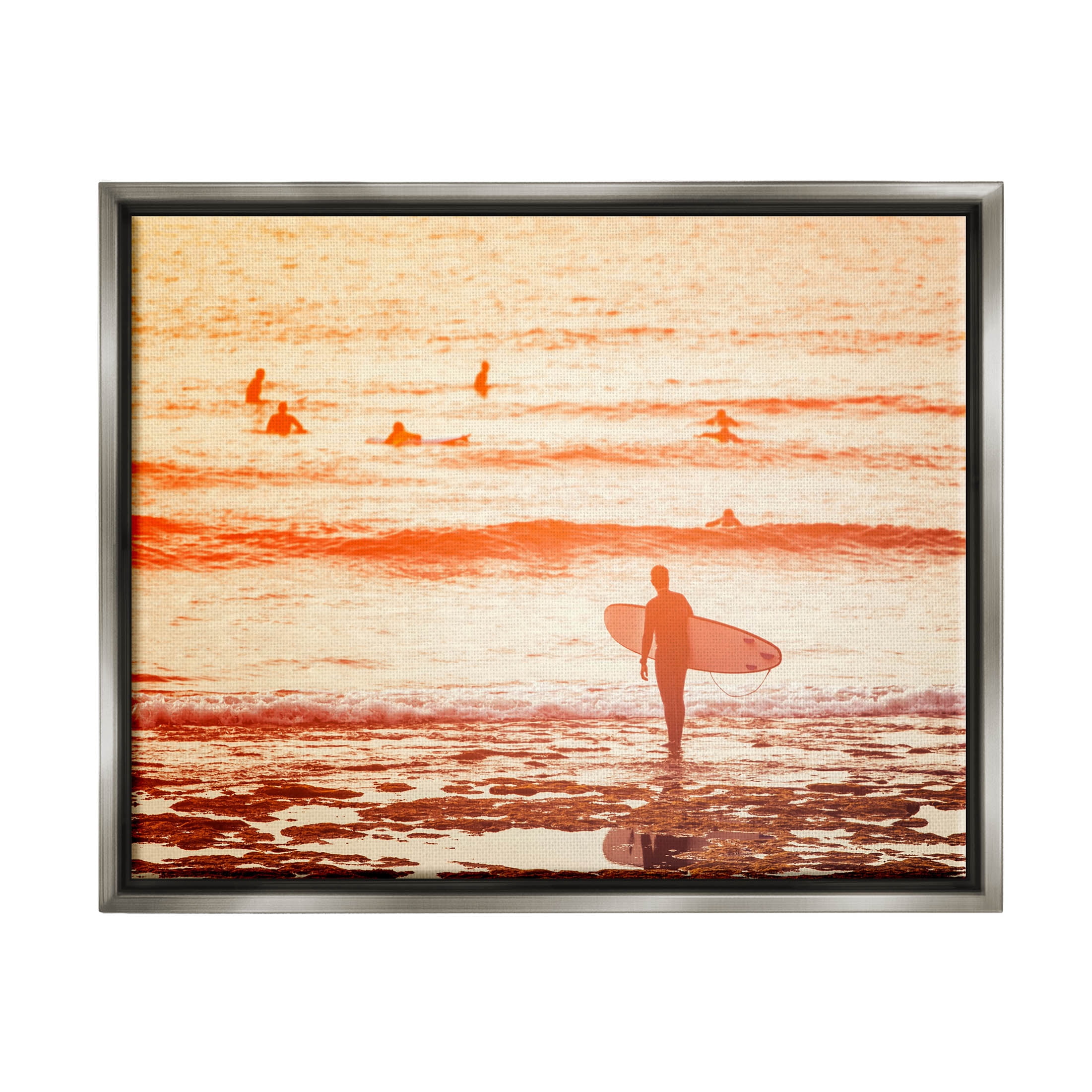 Stupell Industries Surfing Sunset Beach Shore Photograph Luster Gray Floating Framed Canvas Print Wall Art, Design by Igor Vitomirov