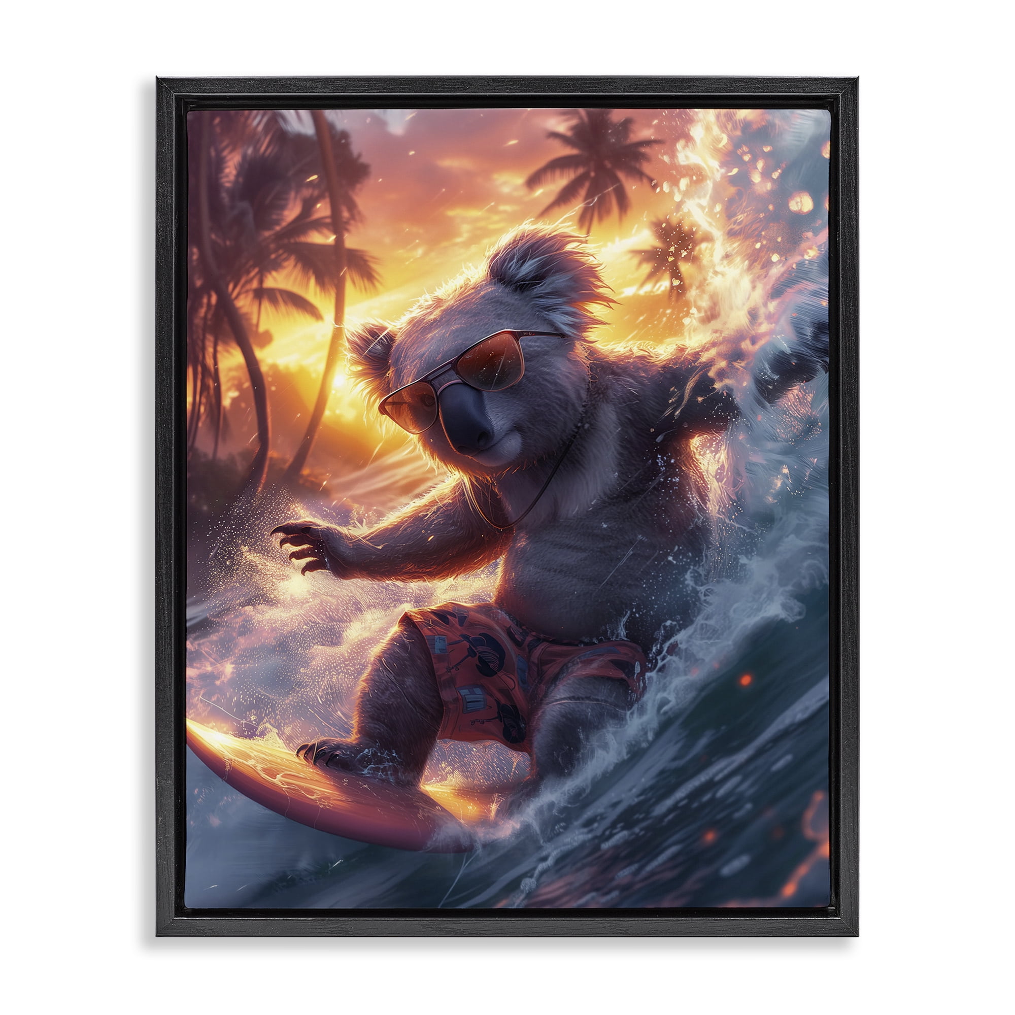 Stupell Industries Surfing Tropical Koala Coastal Painting Black Floater Framed Canvas Art Print Wall Art, 17 x 21