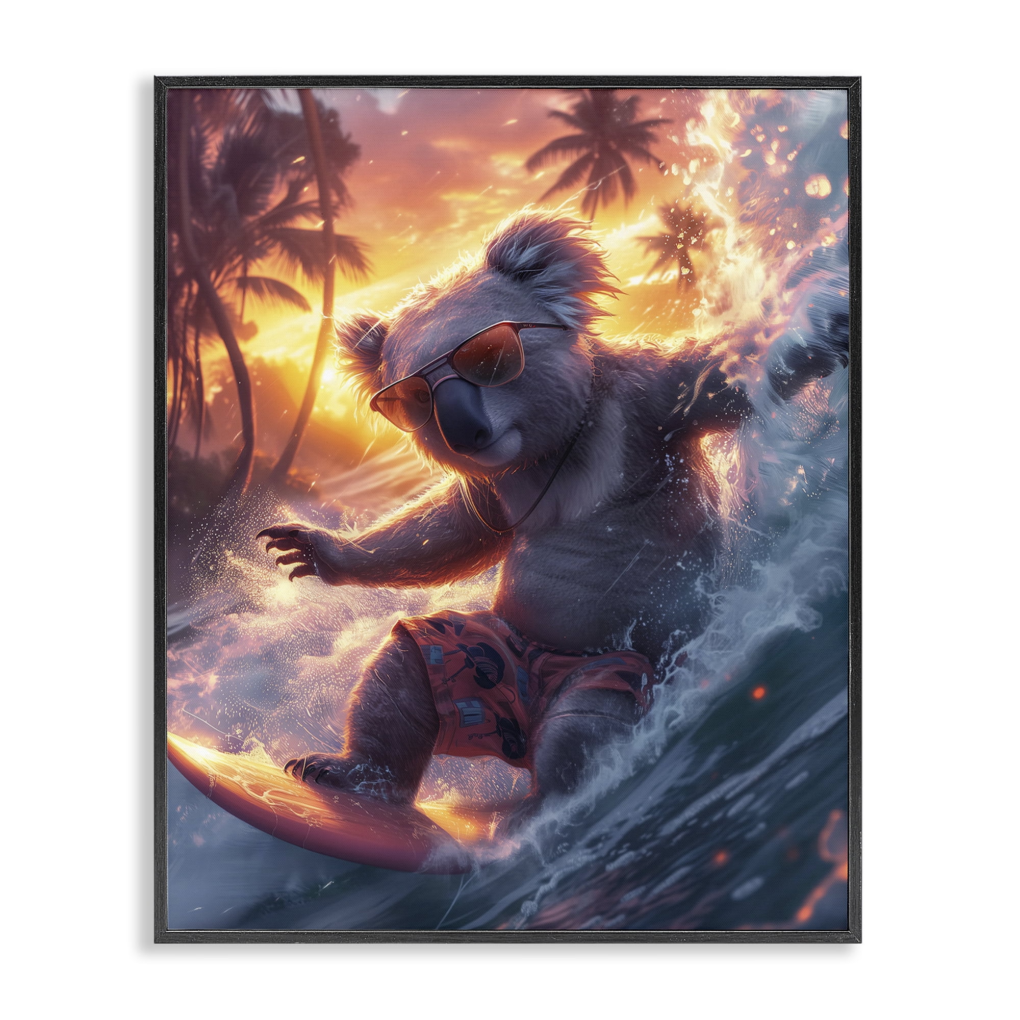 Stupell Industries Surfing Tropical Koala Coastal Painting Black Framed Art Print Wall Art, 16 x 20