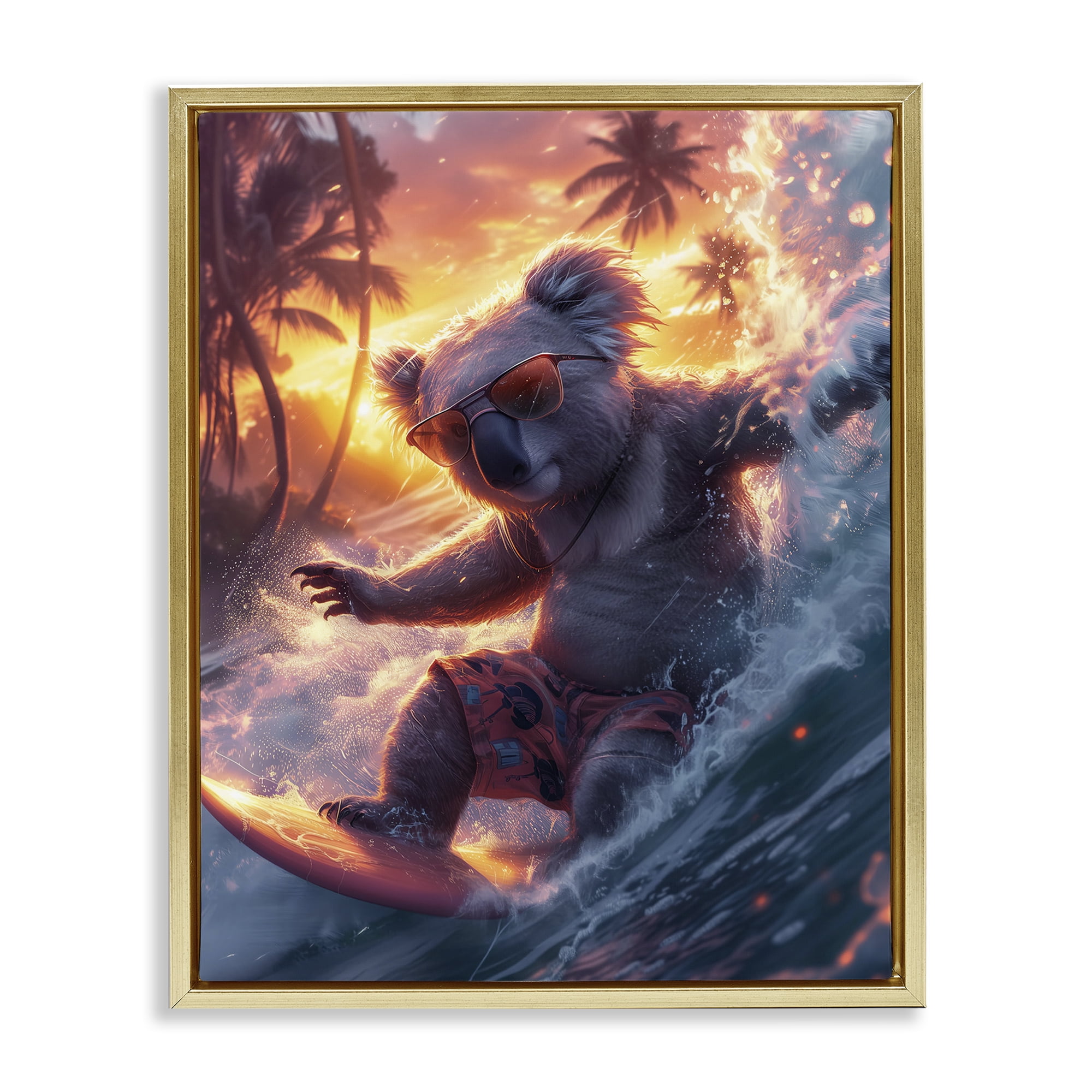 Stupell Industries Surfing Tropical Koala Coastal Painting Gold Floater Framed Canvas Art Print Wall Art, 25 x 31