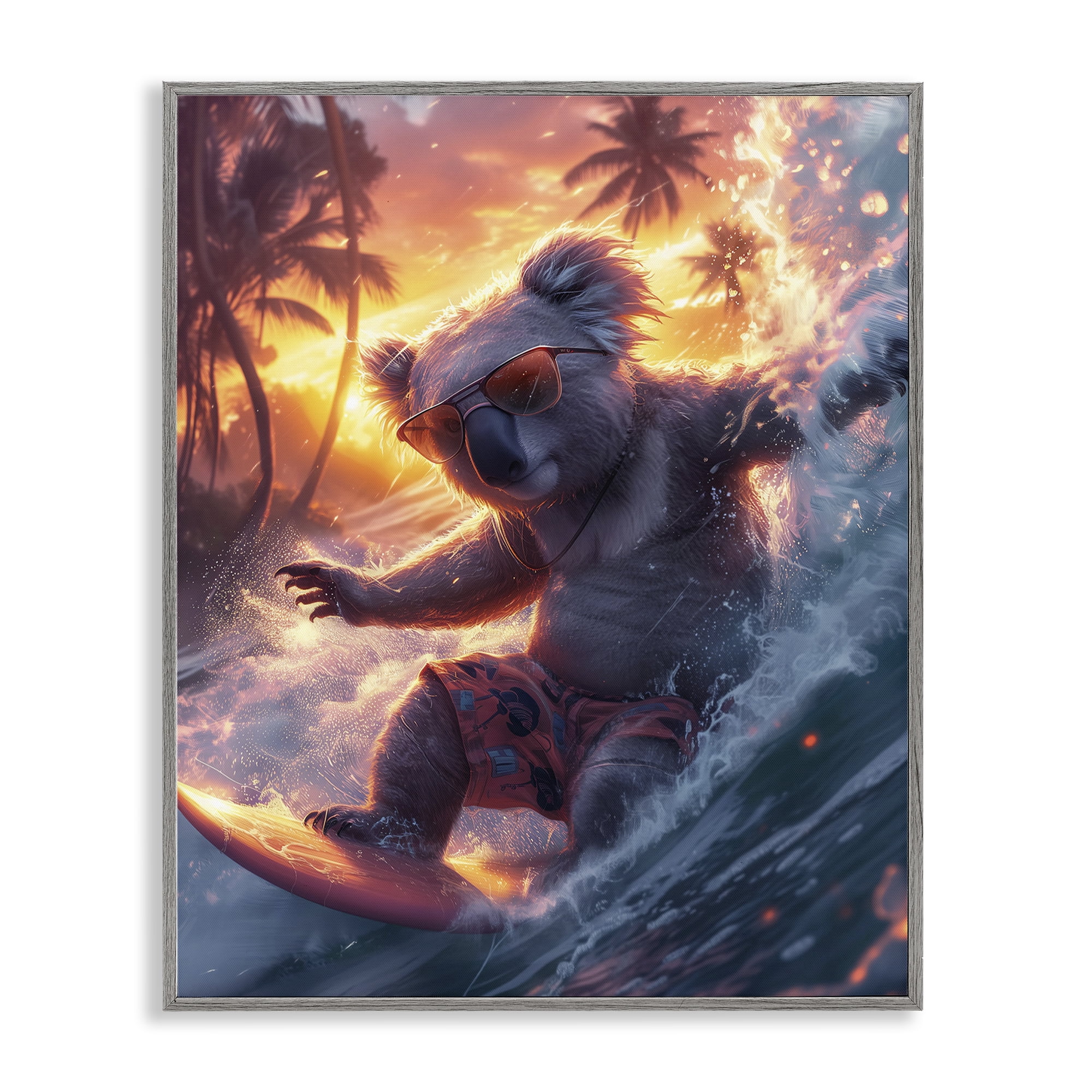 Stupell Industries Surfing Tropical Koala Coastal Painting Gray Framed Art Print Wall Art, 11 x 14