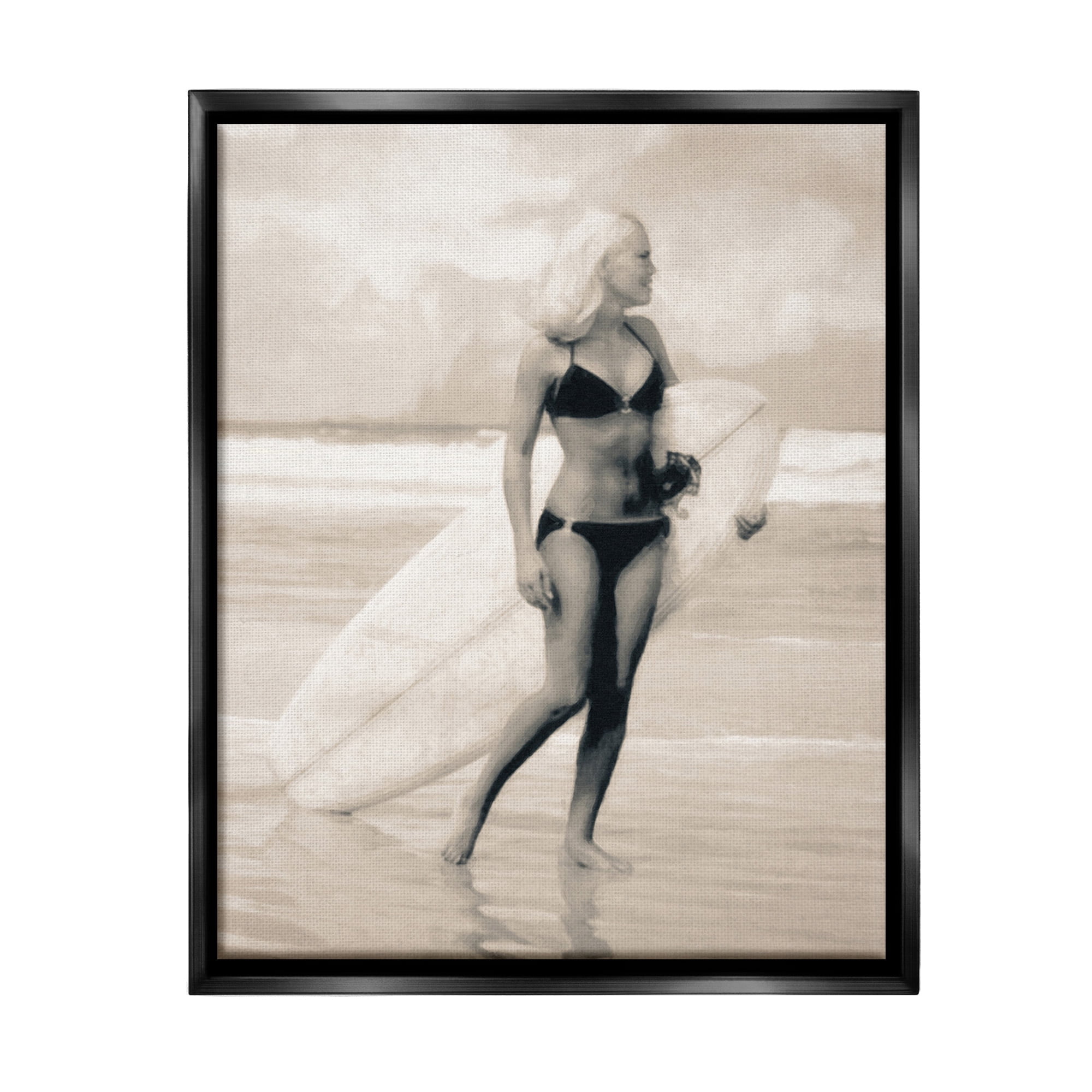 Stupell Industries Surfing Woman on Shore Sports Painting Black Floater Framed Canvas Art Print Wall Art, 17 x 21