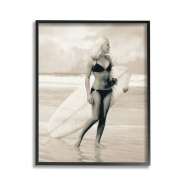 Stupell Industries Surfing Woman on Shore Sports Painting Black Framed Art Print Wall Art, 11 x 14