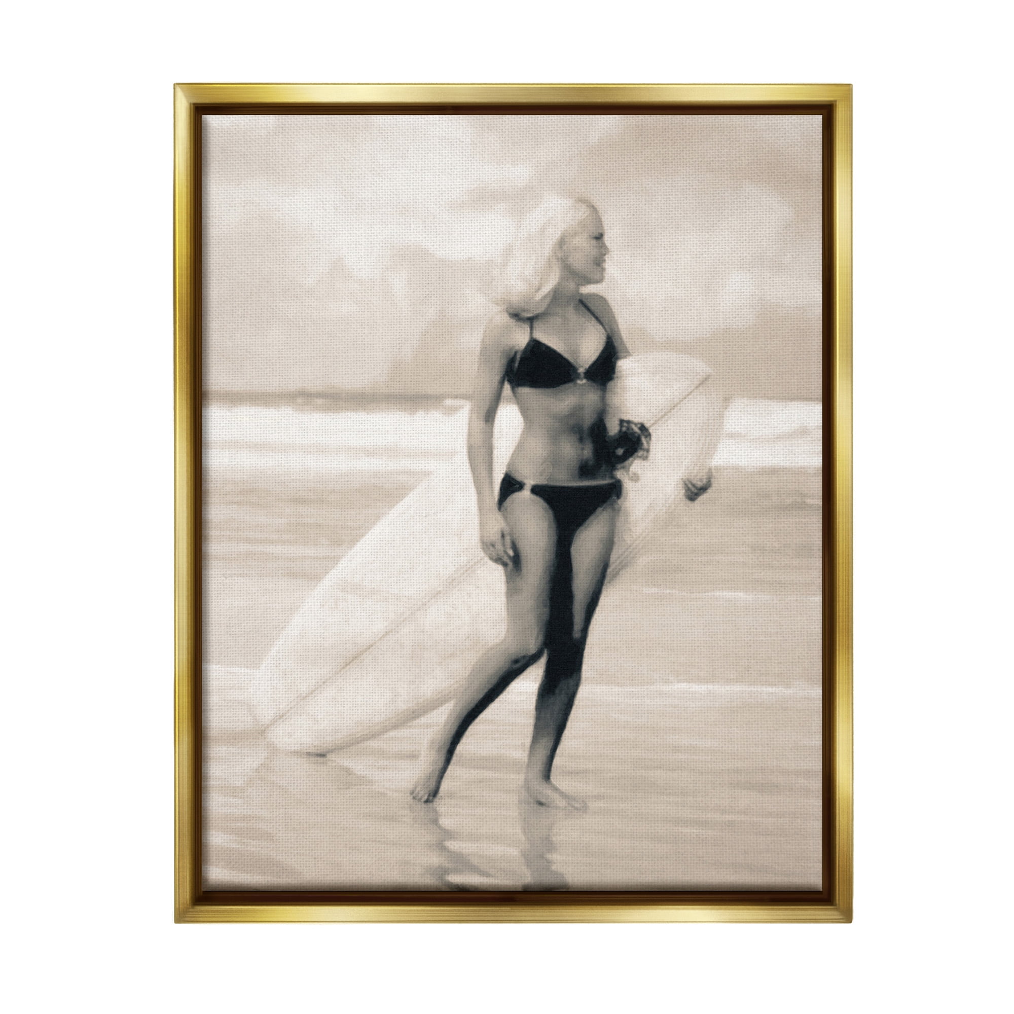 Stupell Industries Surfing Woman on Shore Sports Painting Gold Floater Framed Canvas Art Print Wall Art, 25 x 31