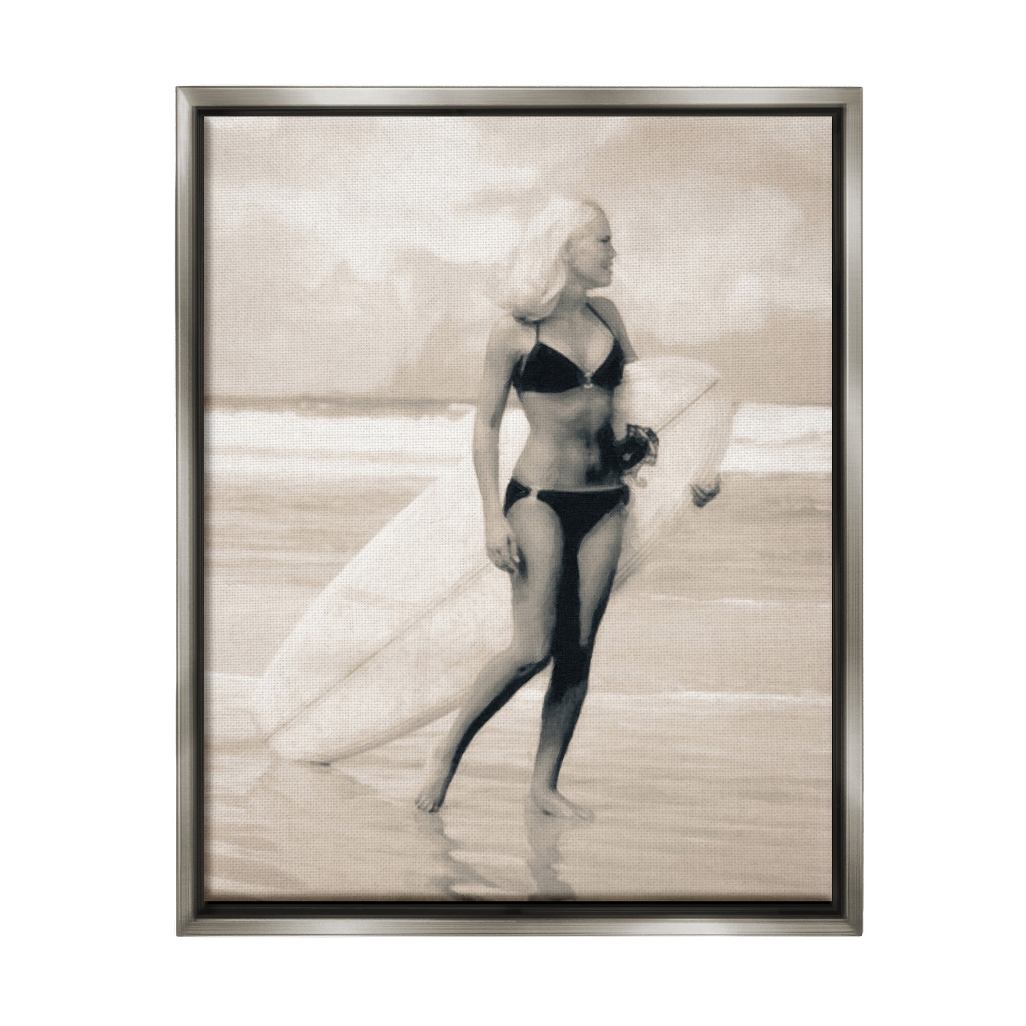 Stupell Industries Surfing Woman on Shore Sports Painting Gray Floater Framed Canvas Art Print Wall Art, 17 x 21