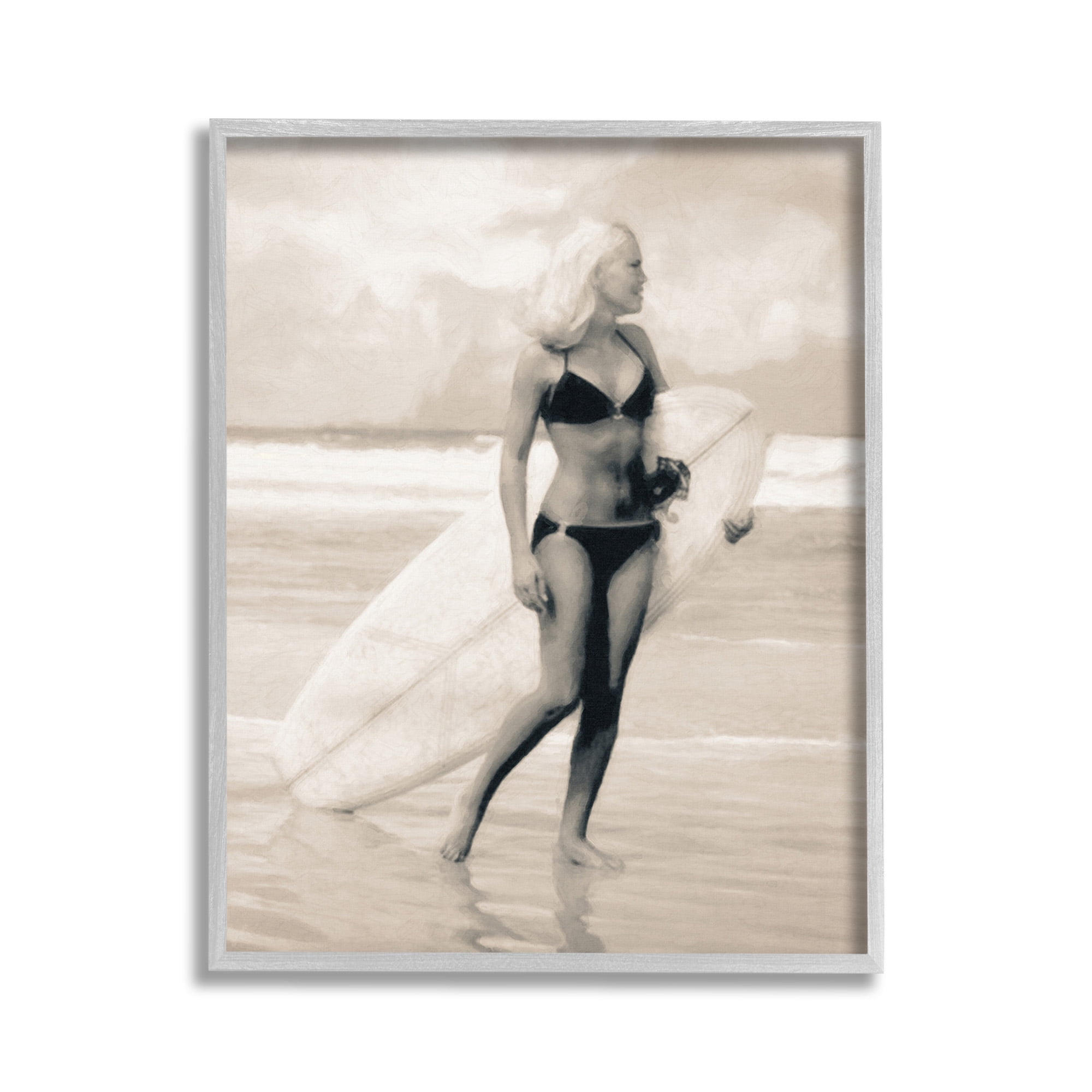 Stupell Industries Surfing Woman on Shore Sports Painting Gray Framed Art Print Wall Art, 11 x 14