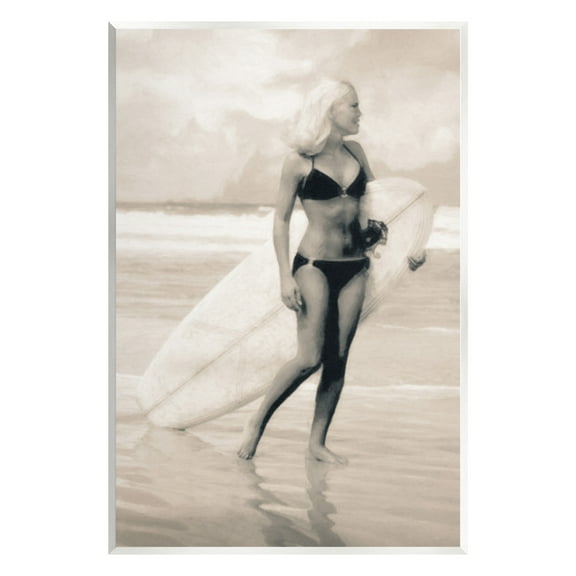 Stupell Industries Surfing Woman on Shore Sports Painting Unframed Art Print Wall Art, 10 x 15