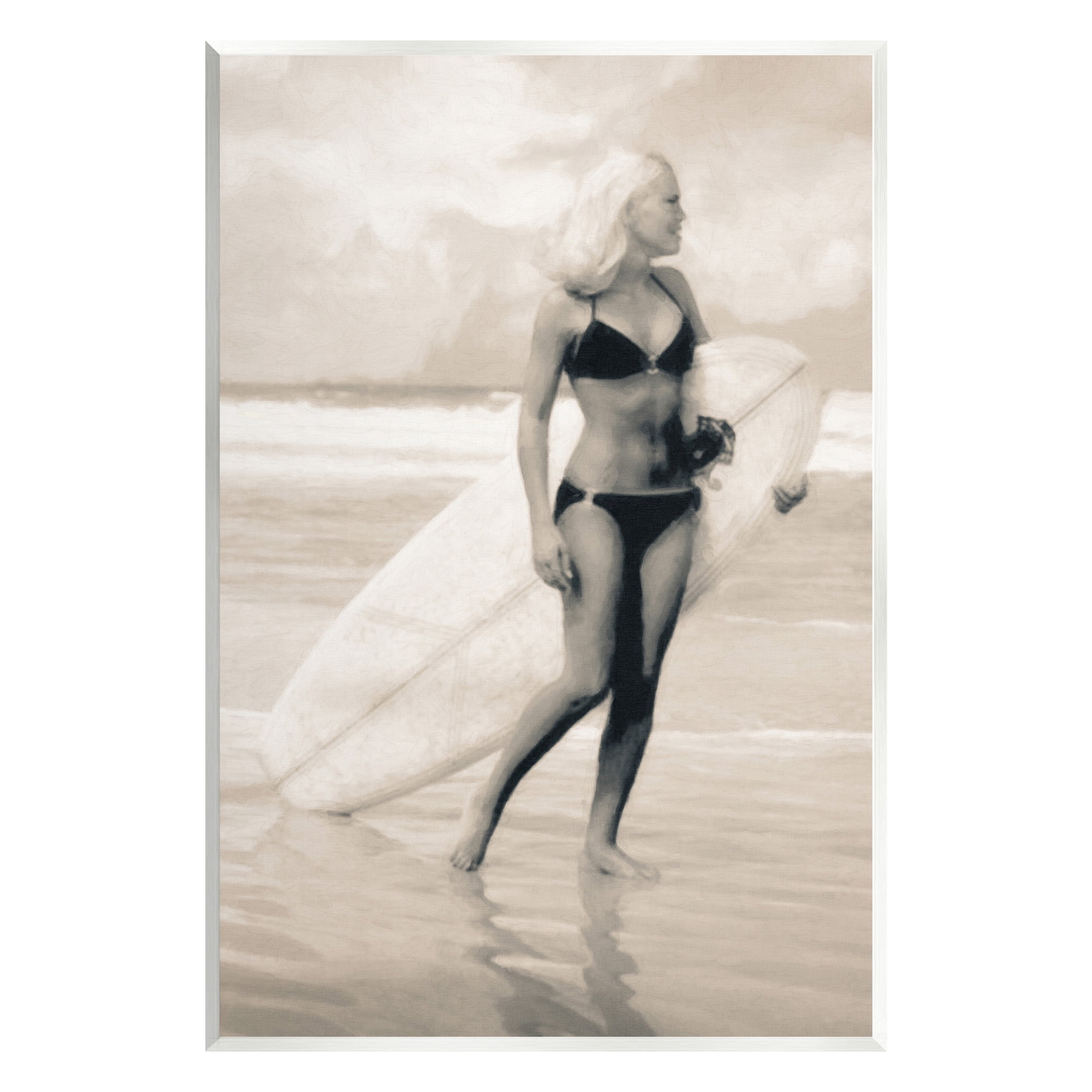 Stupell Industries Surfing Woman on Shore Sports Painting Unframed Art Print Wall Art, 13 x 19