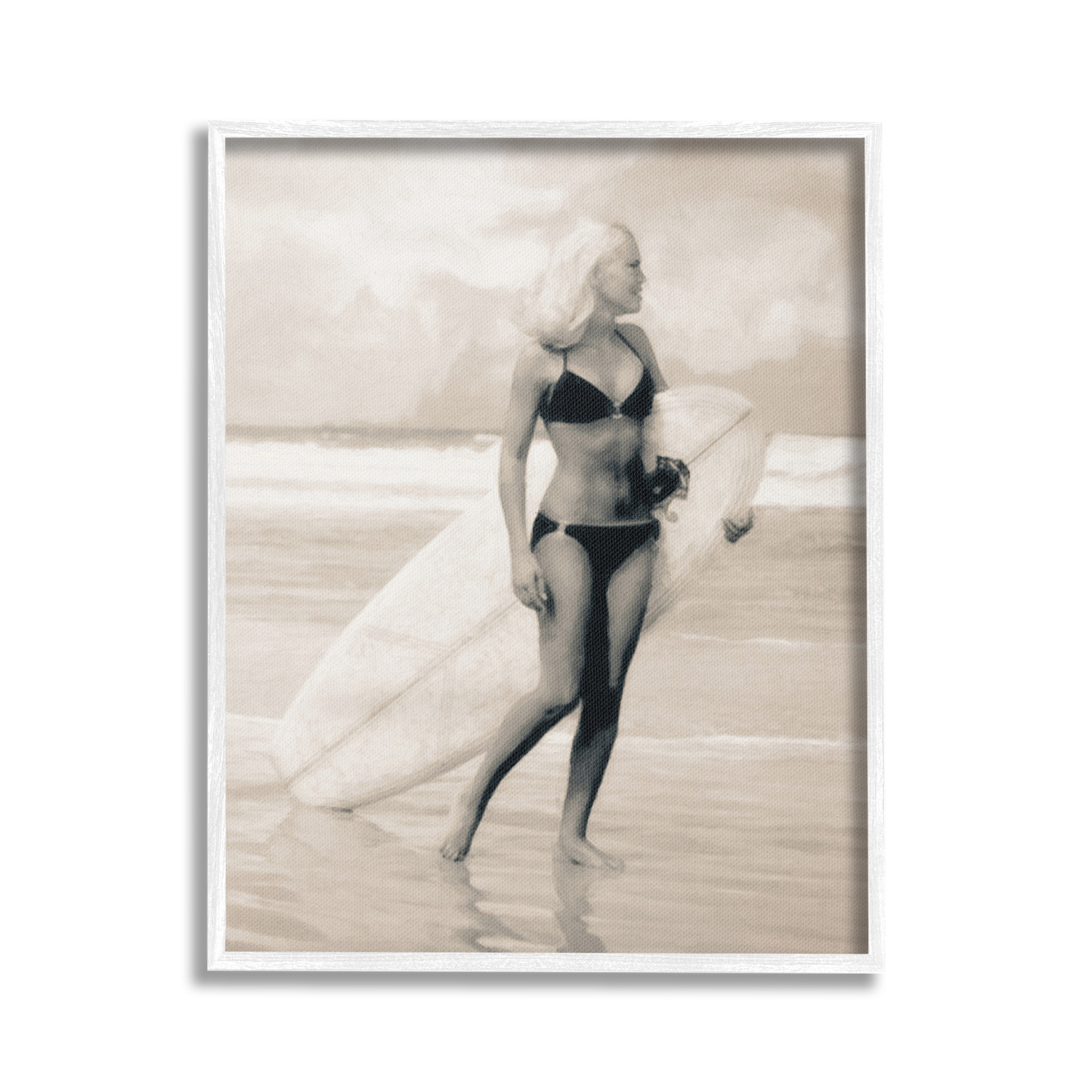 Stupell Industries Surfing Woman on Shore Sports Painting White Framed Art Print Wall Art, 16 x 20