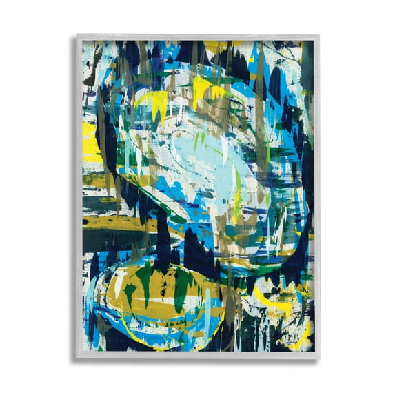 Stupell Industries Surreal Abstract Shapes Blue Green Brush Strokes Abstract Painting Gray Framed Art Print Wall Art, 16 x 20