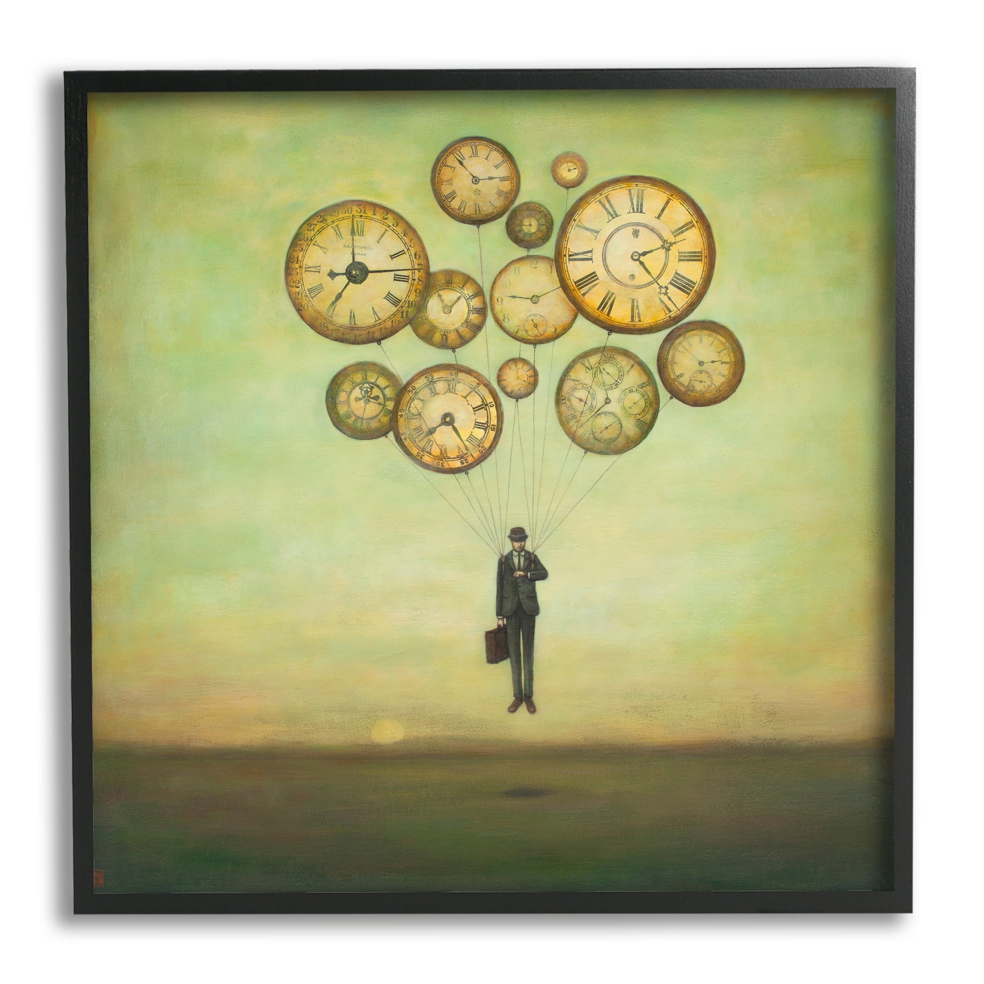 Surreal Analog Clocks Balloons Floating Businessman Suit Novelty Painting Framed Art Print Wall Art