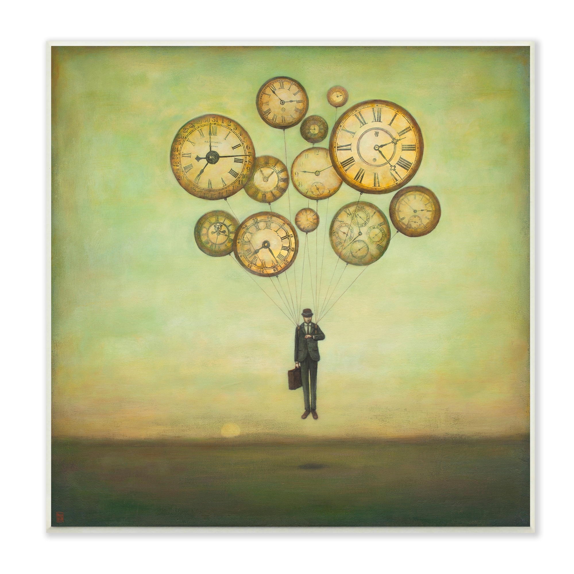 Stupell Industries Surreal Analog Clocks Balloons Floating Businessman Suit Wood Wall Art, 12 x 12, Design by Duy Huynh