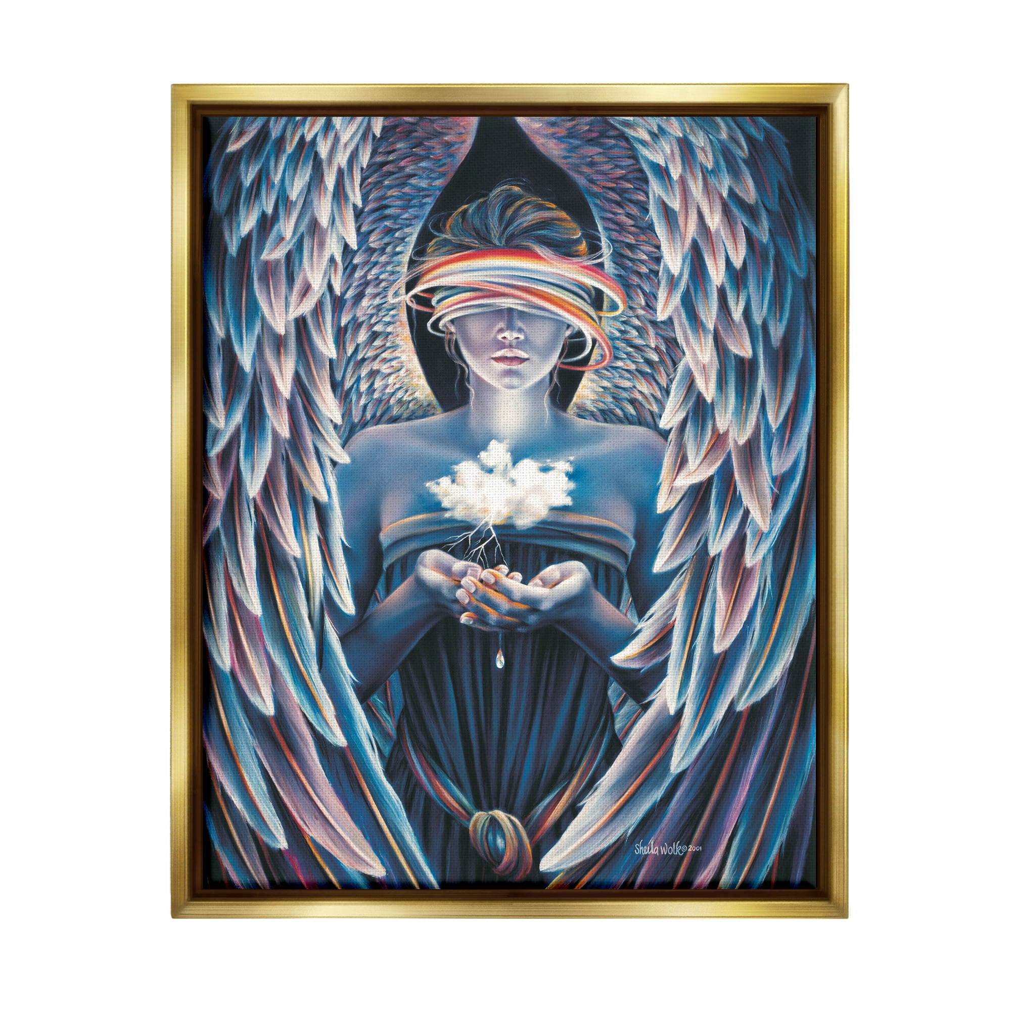 Stupell Industries Surreal Angel Holding Cloud Fairy Tales & Fantasy Painting Gold Floater Framed Art Print Wall Art