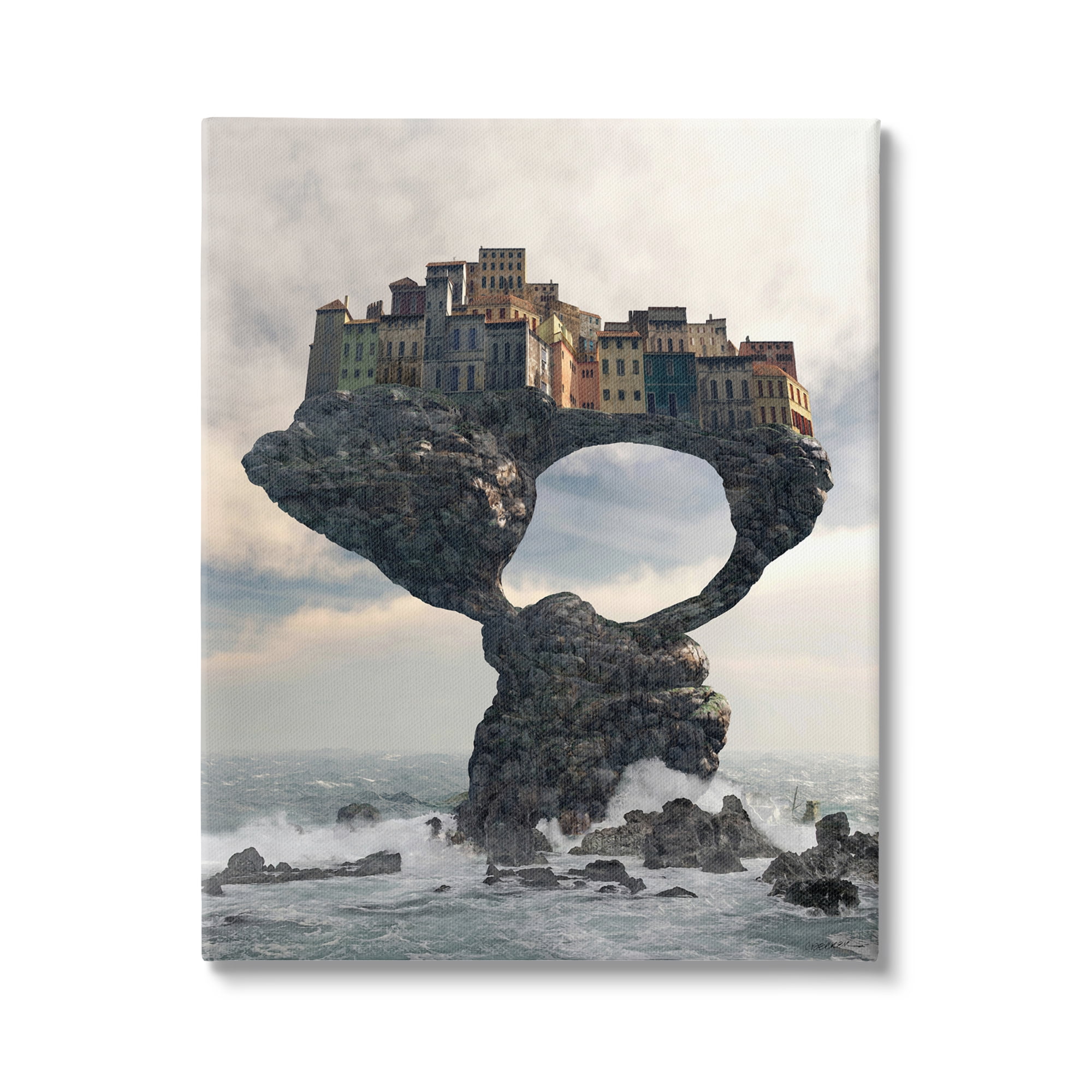 Stupell Industries Surreal City Atop Rocks Cliff Sea Waves Splashing Canvas Wall Art, 30 x 40, Design by Cynthia Decker