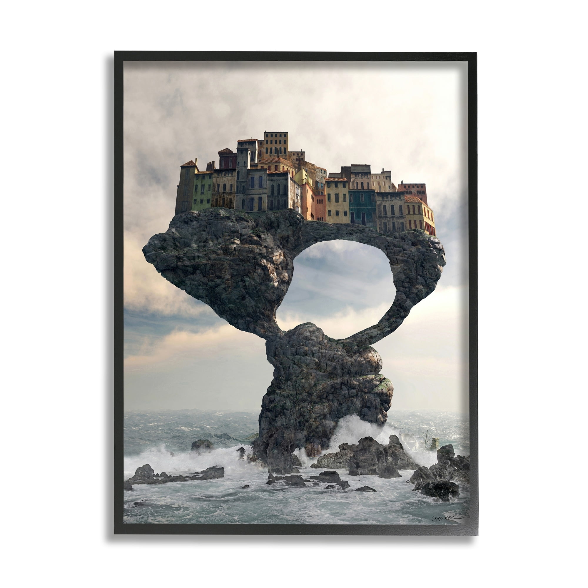 Stupell Industries Surreal City Atop Rocks Cliff Sea Waves Splashing Framed Wall Art, 11 x 14, Design by Cynthia Decker