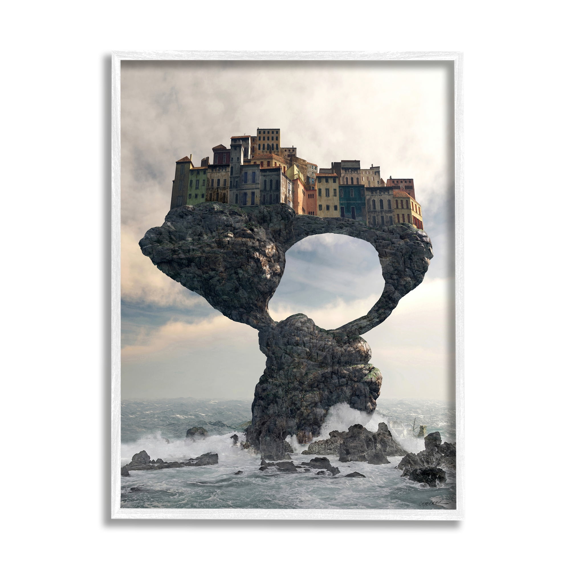Stupell Industries Surreal City Atop Rocks Cliff Sea Waves Splashing Framed Wall Art, 16 x 20, Design by Cynthia Decker