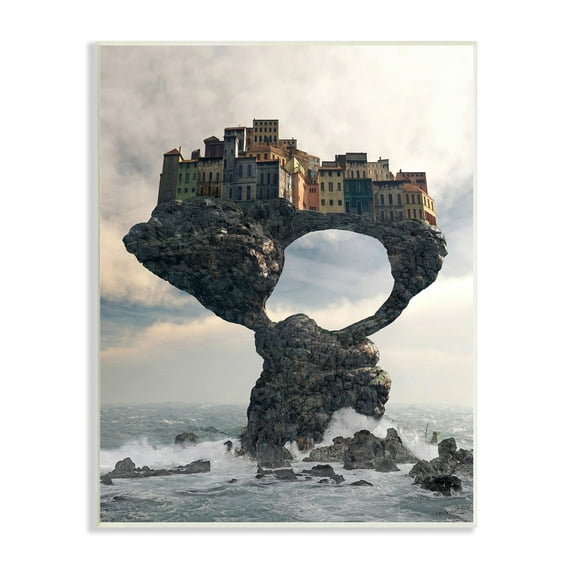 Stupell Industries Surreal City Atop Rocks Cliff Sea Waves Splashing Wood Wall Art, 10 x 15, Design by Cynthia Decker