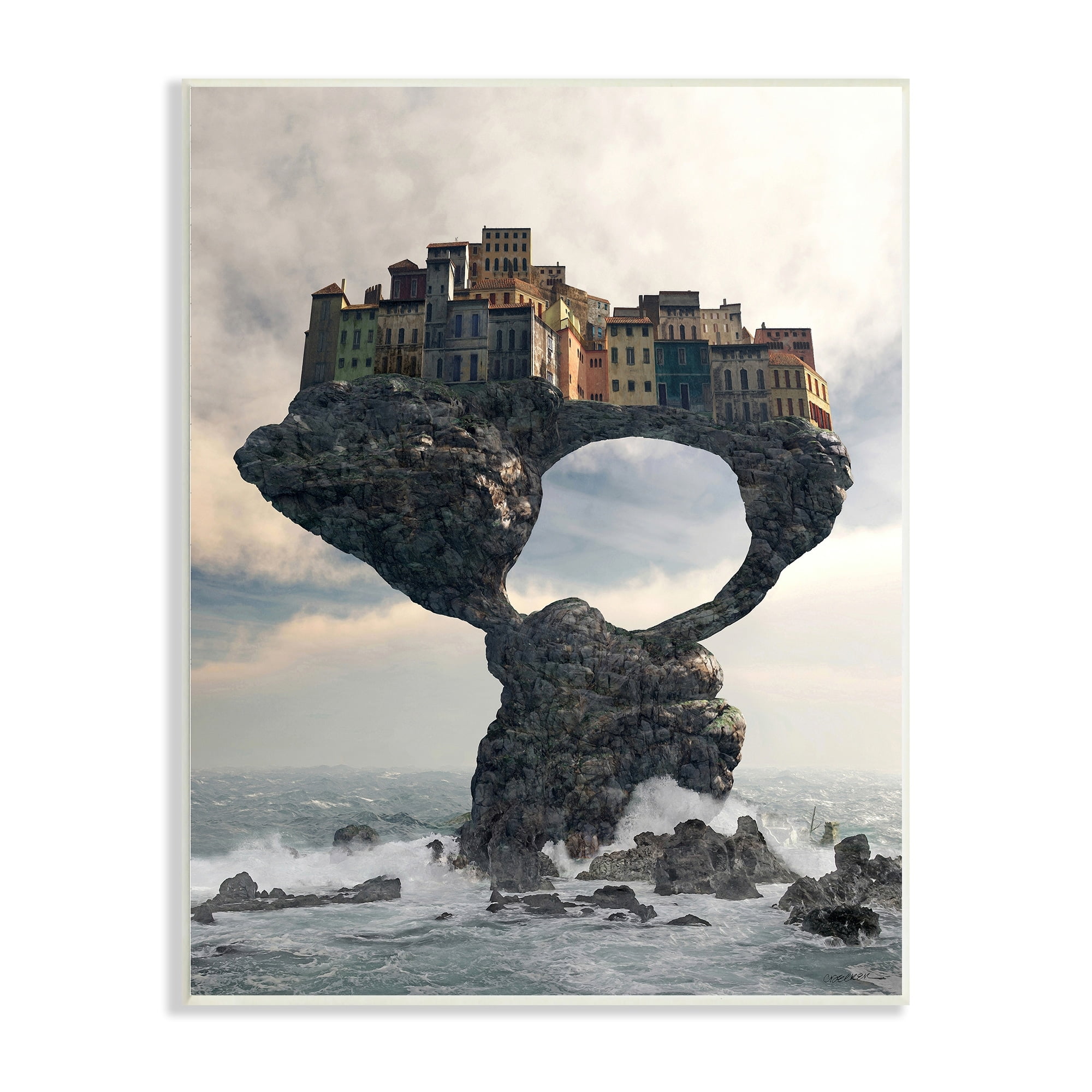 Stupell Industries Surreal City Atop Rocks Cliff Sea Waves Splashing Wood Wall Art, 13 x 19, Design by Cynthia Decker