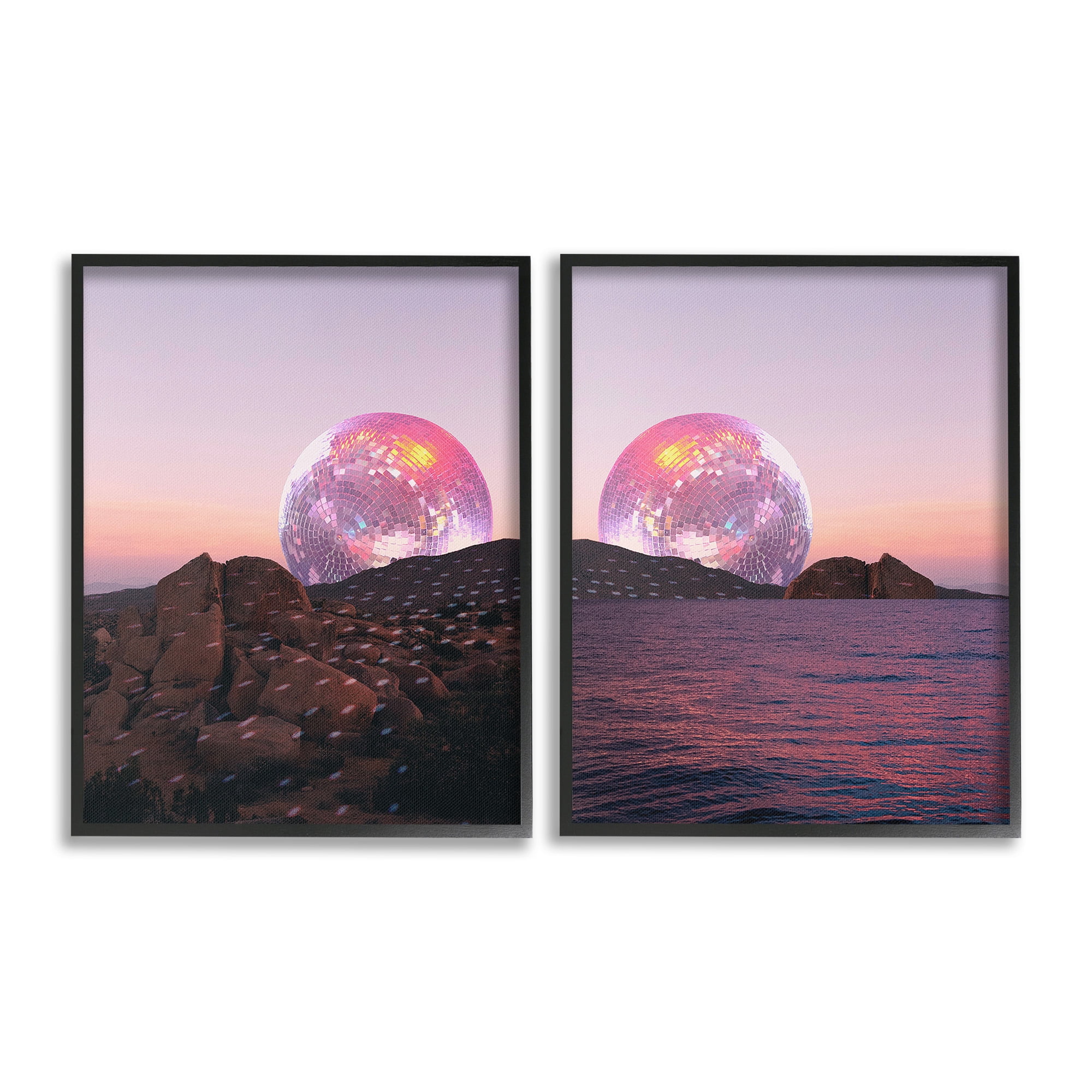 Stupell Industries Surreal Disco Ball Landscape Landscape Painting Black Framed Art Print Wall Art, 24 x 30, Set of 2