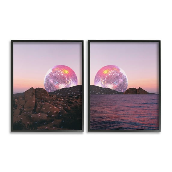 Stupell Industries Surreal Disco Ball Landscape Landscape Painting Black Framed Art Print Wall Art, 24 x 30, Set of 2
