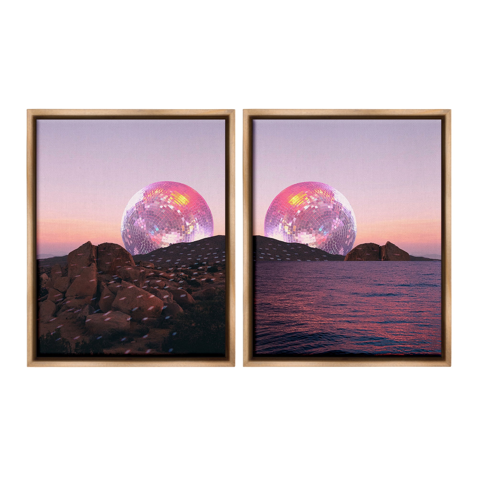 Stupell Industries Surreal Disco Ball Landscape Landscape Painting Brown Floater Framed Canvas Art Print Wall Art, 17 x 21, Set of 2