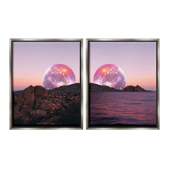 Stupell Industries Surreal Disco Ball Landscape Landscape Painting Gray Floater Framed Canvas Art Print Wall Art, 25 x 31, Set of 2
