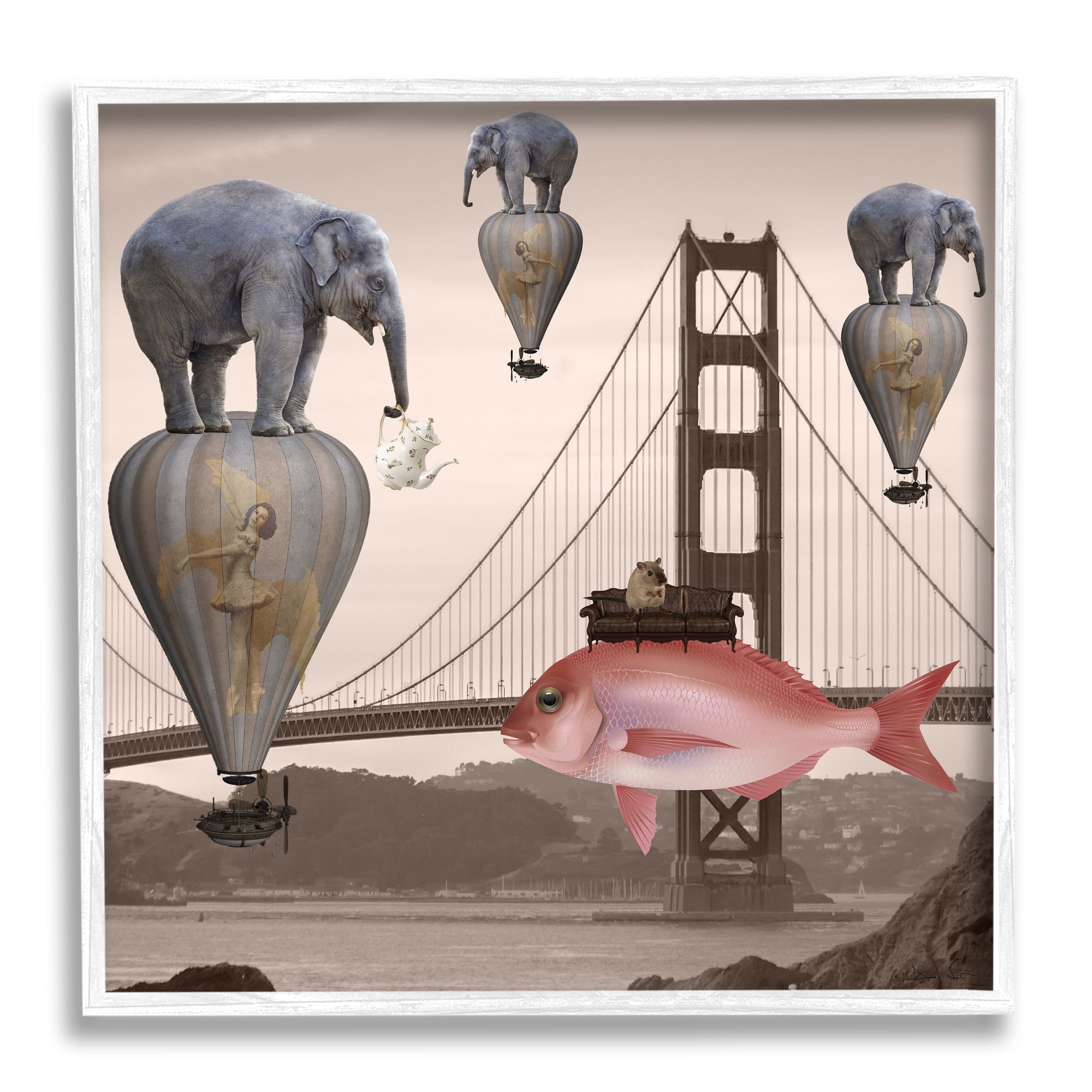 Stupell Industries Surreal Elephant Fish Balloons Golden Gate Bridge Water Framed Wall Art, 12 x 12, Design by Daniela Nocito