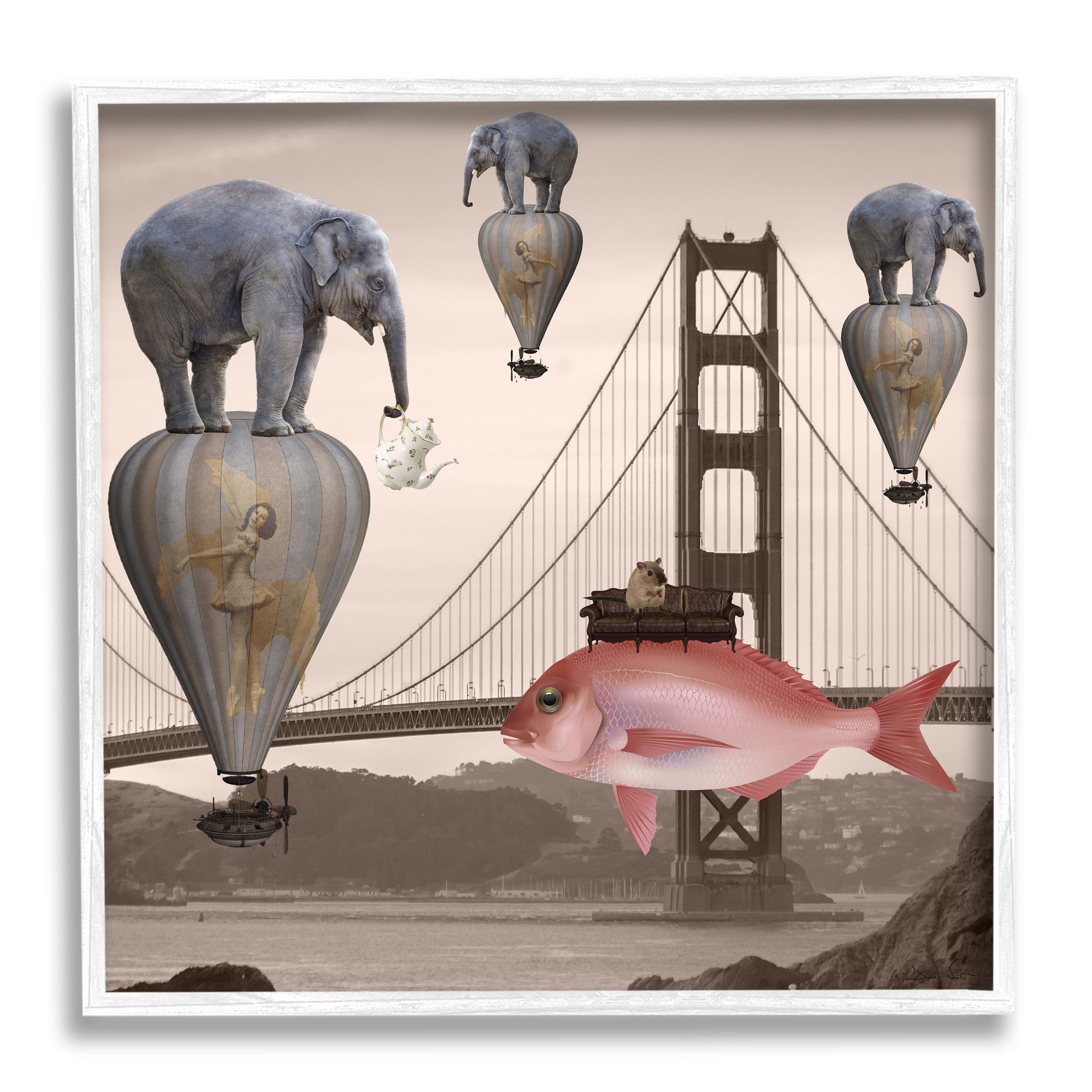 Stupell Industries Surreal Elephant Fish Balloons Golden Gate Bridge Water Framed Wall Art, 17 x 17, Design by Daniela Nocito