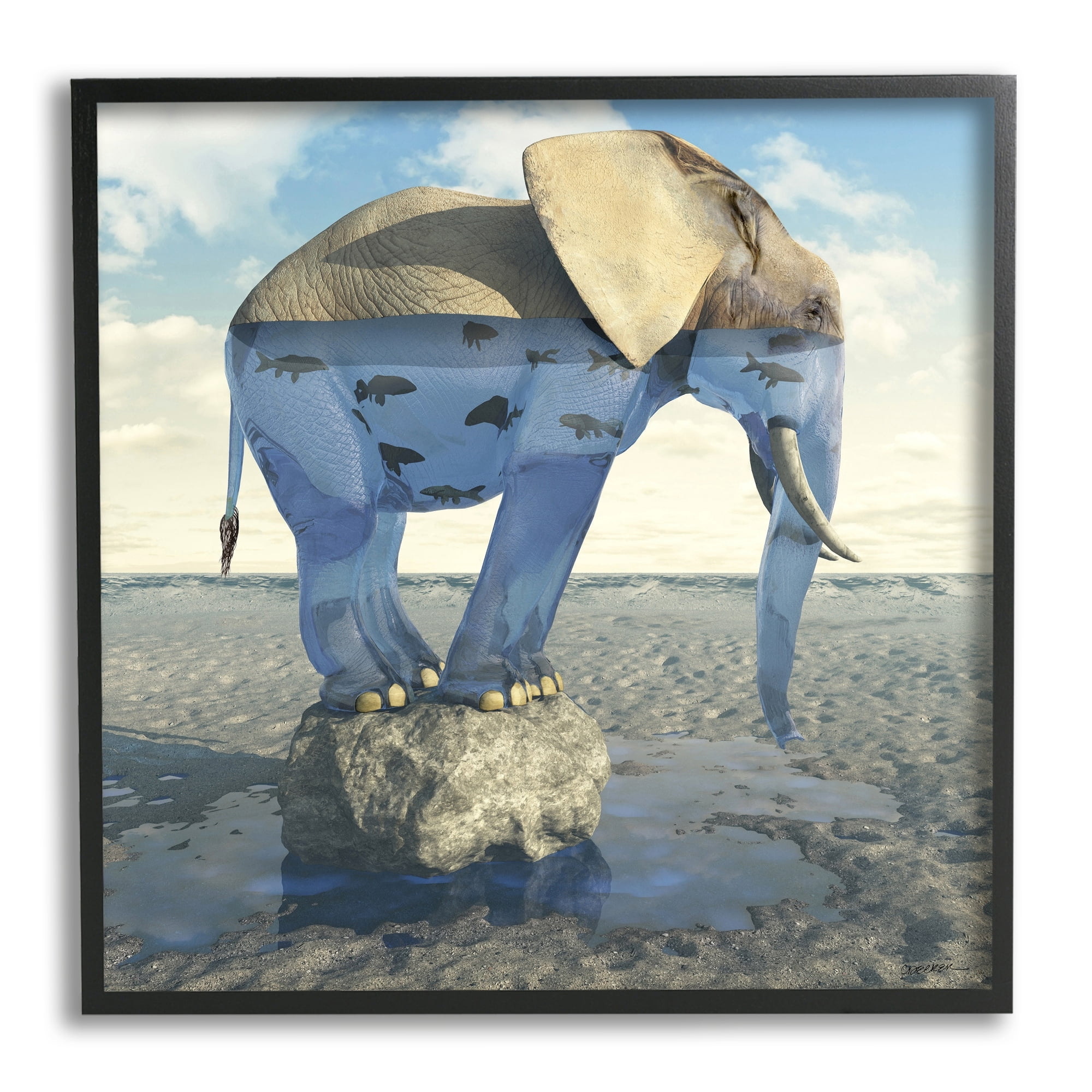 Stupell Industries Surreal Elephant Pond Water Rock Fish Pattern Framed Wall Art, 12 x 12, Design by Cynthia Decker