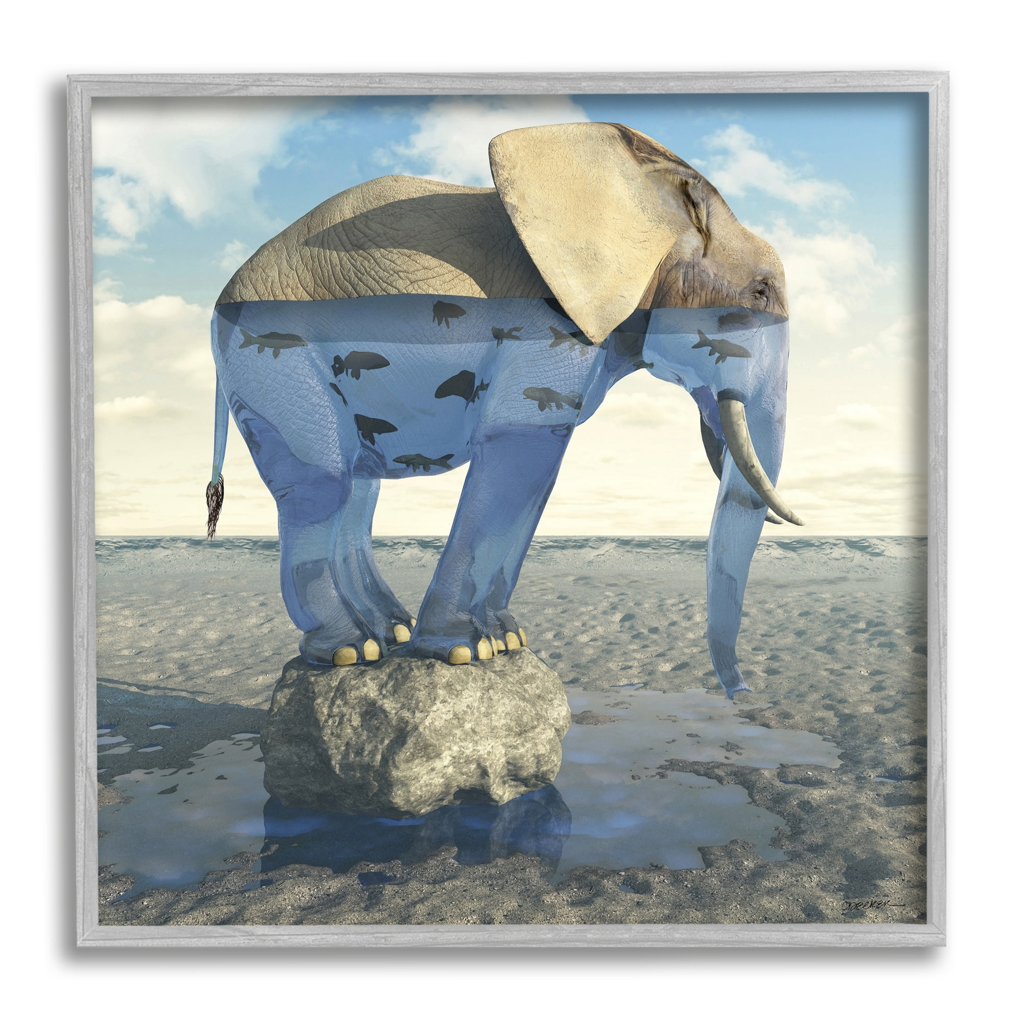 Stupell Industries Surreal Elephant Pond Water Rock Fish Pattern Framed Wall Art, 24 x 24, Design by Cynthia Decker