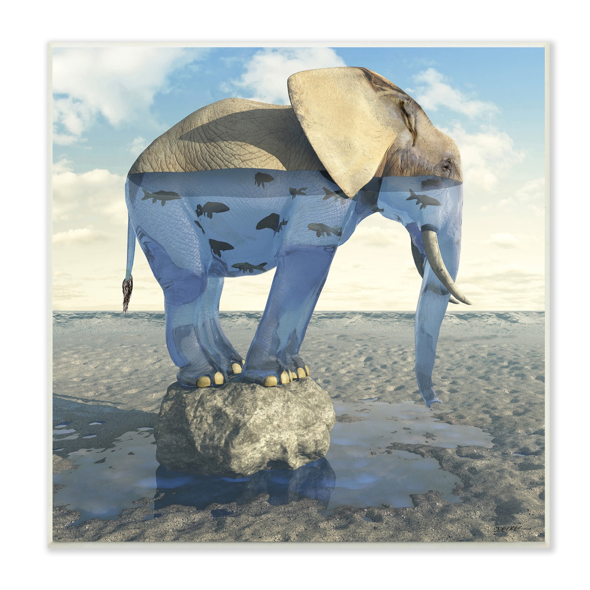 Stupell Industries Surreal Elephant Pond Water Rock Fish Pattern Wood Wall Art, 12 x 12, Design by Cynthia Decker