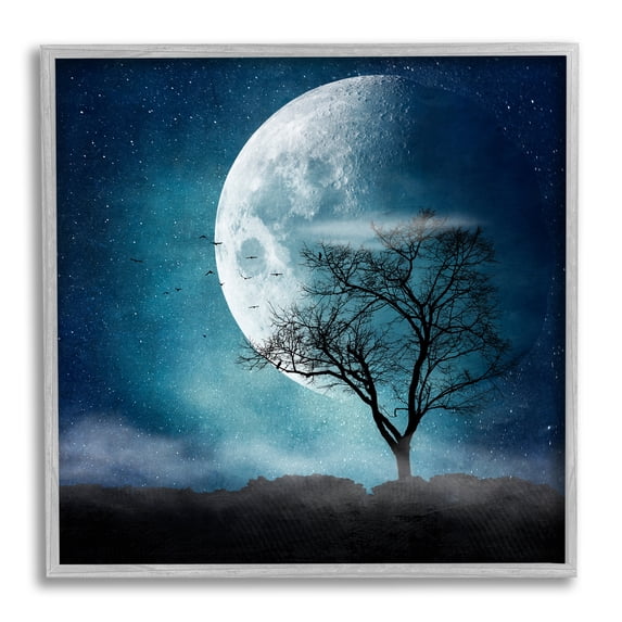 Stupell Industries Surreal Full Moon Tree Silhouette Landscape Painting Gray Framed Art Print Wall Art