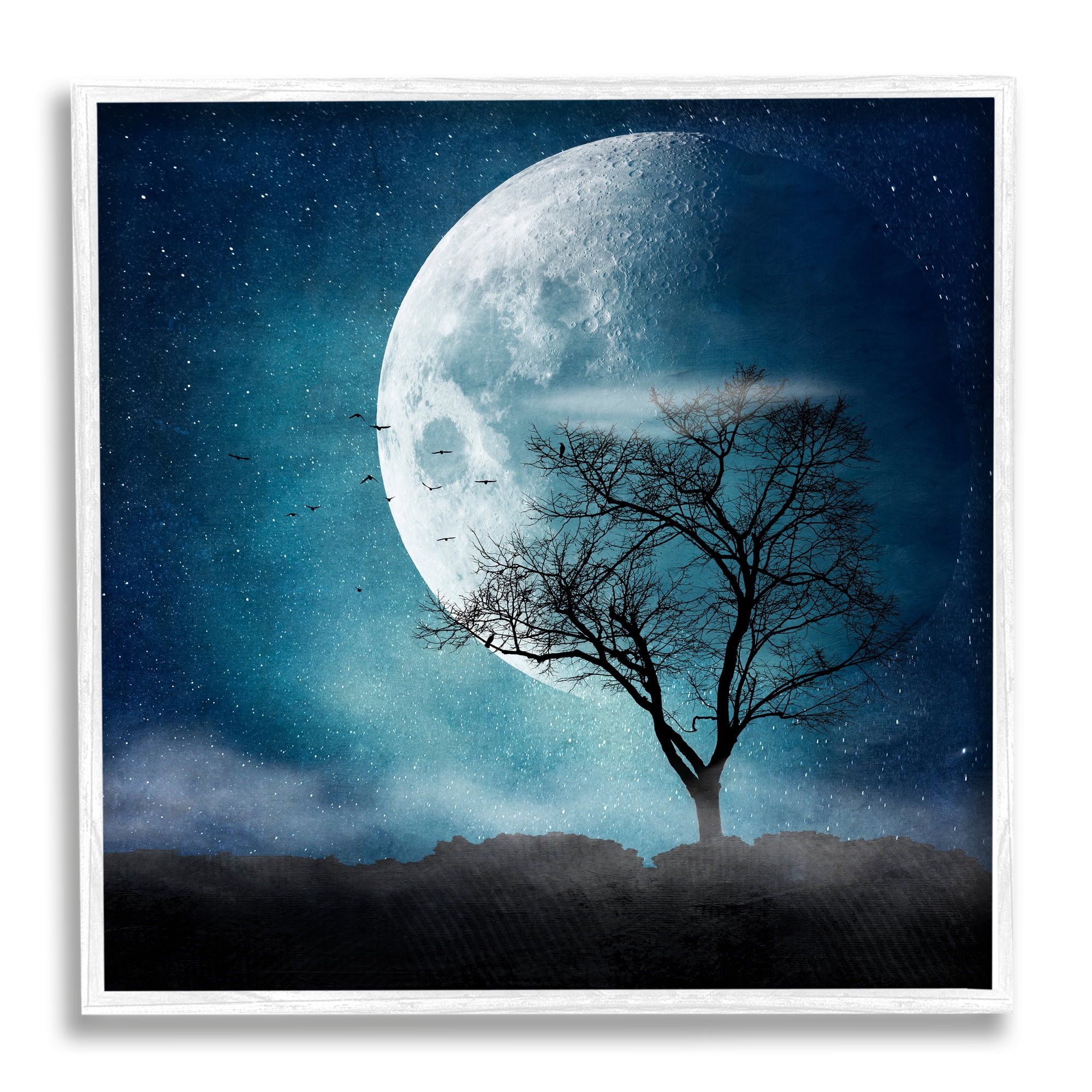 Surreal Full Moon Tree Silhouette Landscape Canvas Print in White Frame