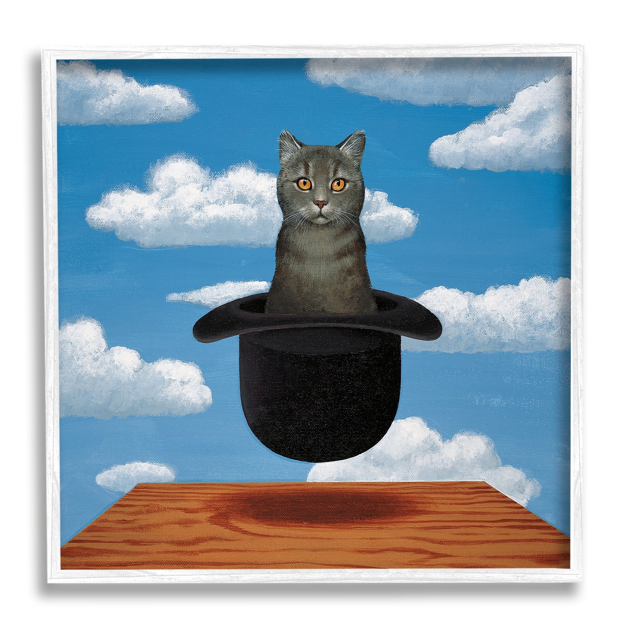 Stupell Industries Surreal Grey Cat Floating Hat Cloudy Sky Framed Wall Art, 24 x 24, Design by Chameleon Design, Inc.