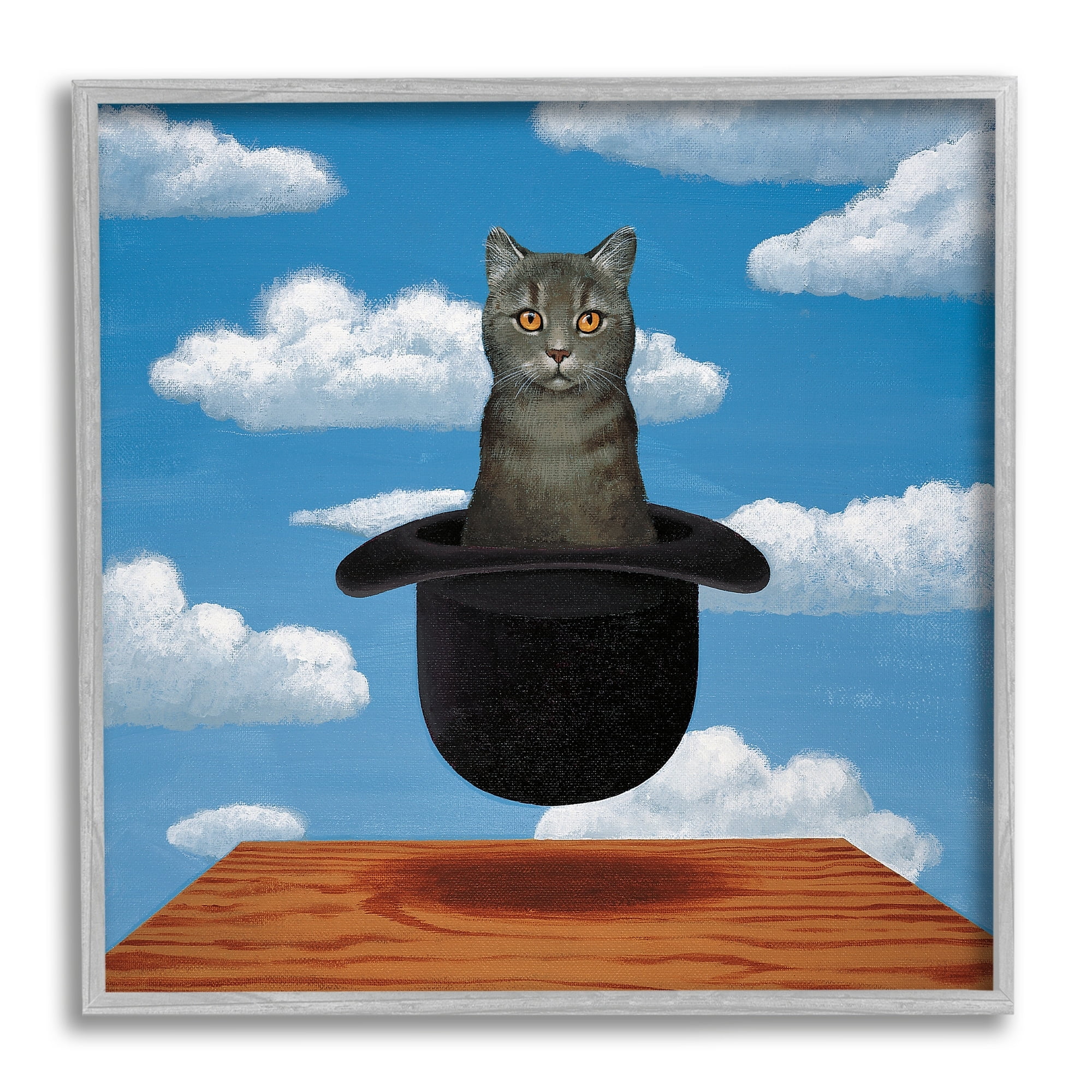 Stupell Industries Surreal Grey Cat Floating Hat Cloudy Sky Framed Wall Art, 24 x 24, Design by Chameleon Design, Inc.