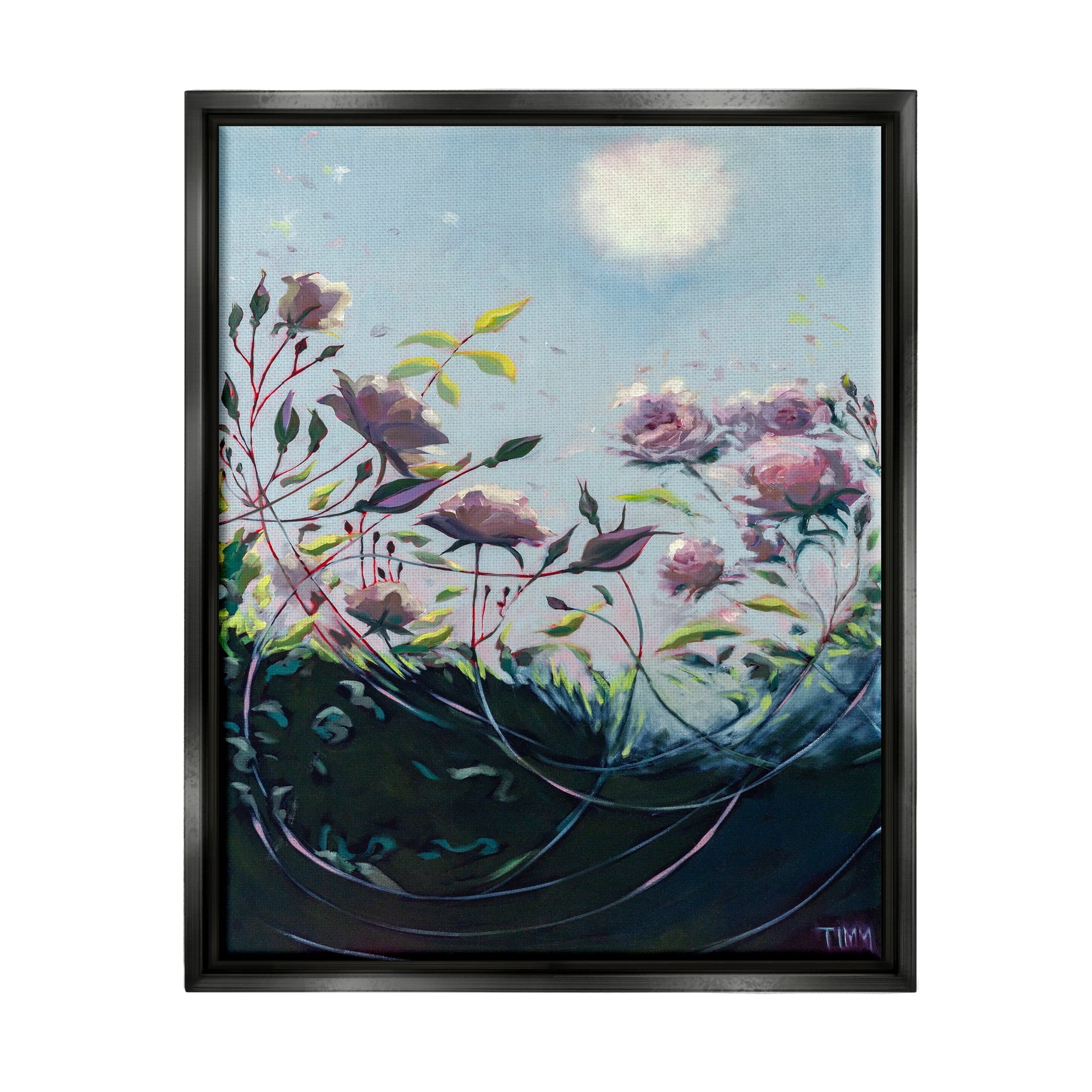 Stupell Industries Surreal Intertwining Flower Stems Modern Sky Landscape Painting Jet Black Floating Framed Canvas Print Wall Art, Design by Lisa Timmerman