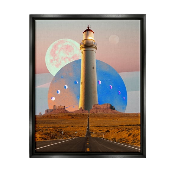 Stupell Industries Surreal Lighthouse in Desert Landscape Painting Black Floater Framed Canvas Art Print Wall Art, 17 x 21