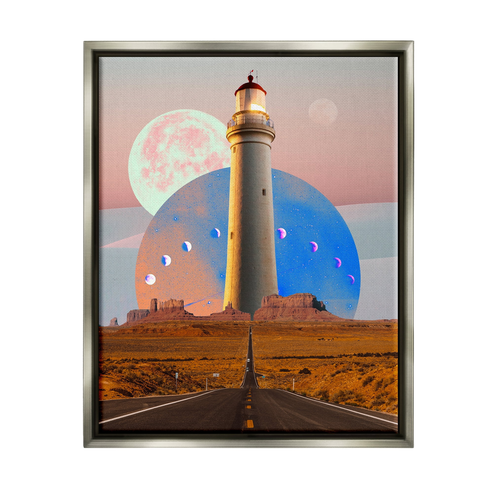 Stupell Industries Surreal Lighthouse in Desert Landscape Painting Gray Floater Framed Canvas Art Print Wall Art, 17 x 21