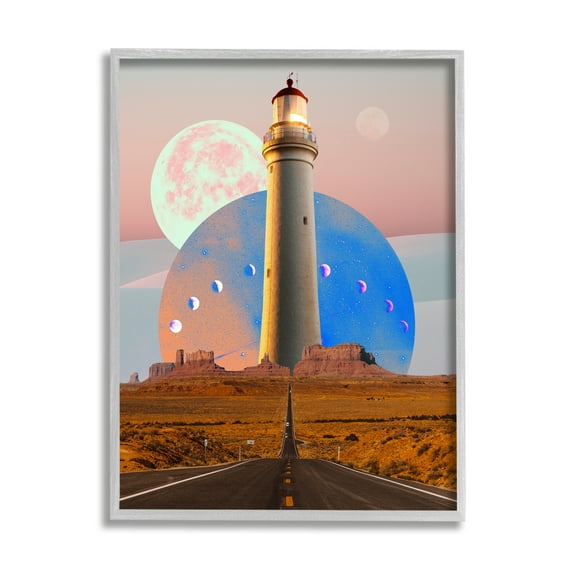 Stupell Industries Surreal Lighthouse in Desert Landscape Painting Gray Framed Art Print Wall Art, 11 x 14