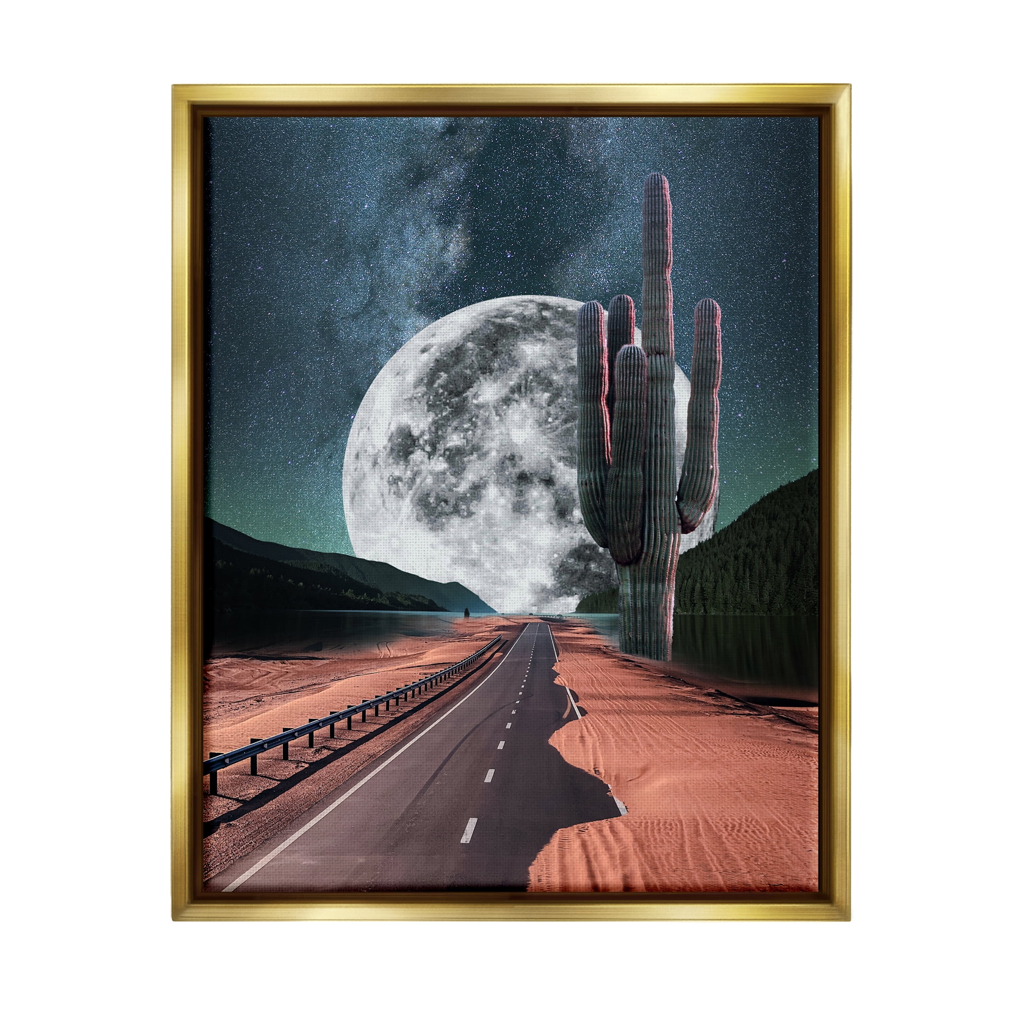 Stupell Industries Surreal Moon & Desert Highway Landscape Painting Gold Floater Framed Canvas Art Print Wall Art, 25 x 31
