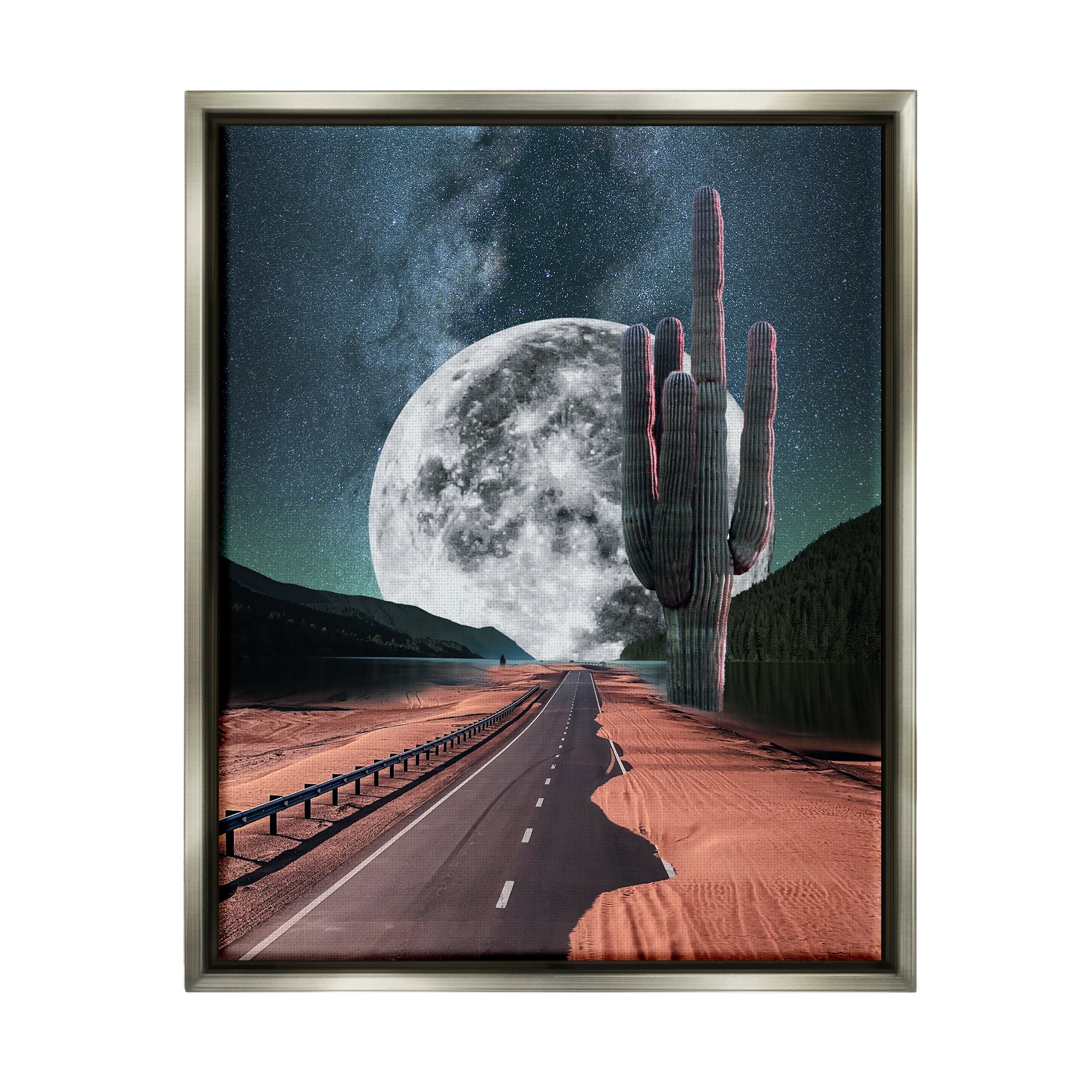 Stupell Industries Surreal Moon & Desert Highway Landscape Painting Gray Floater Framed Canvas Art Print Wall Art, 17 x 21