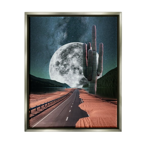 Stupell Industries Surreal Moon & Desert Highway Landscape Painting Gray Floater Framed Canvas Art Print Wall Art, 25 x 31