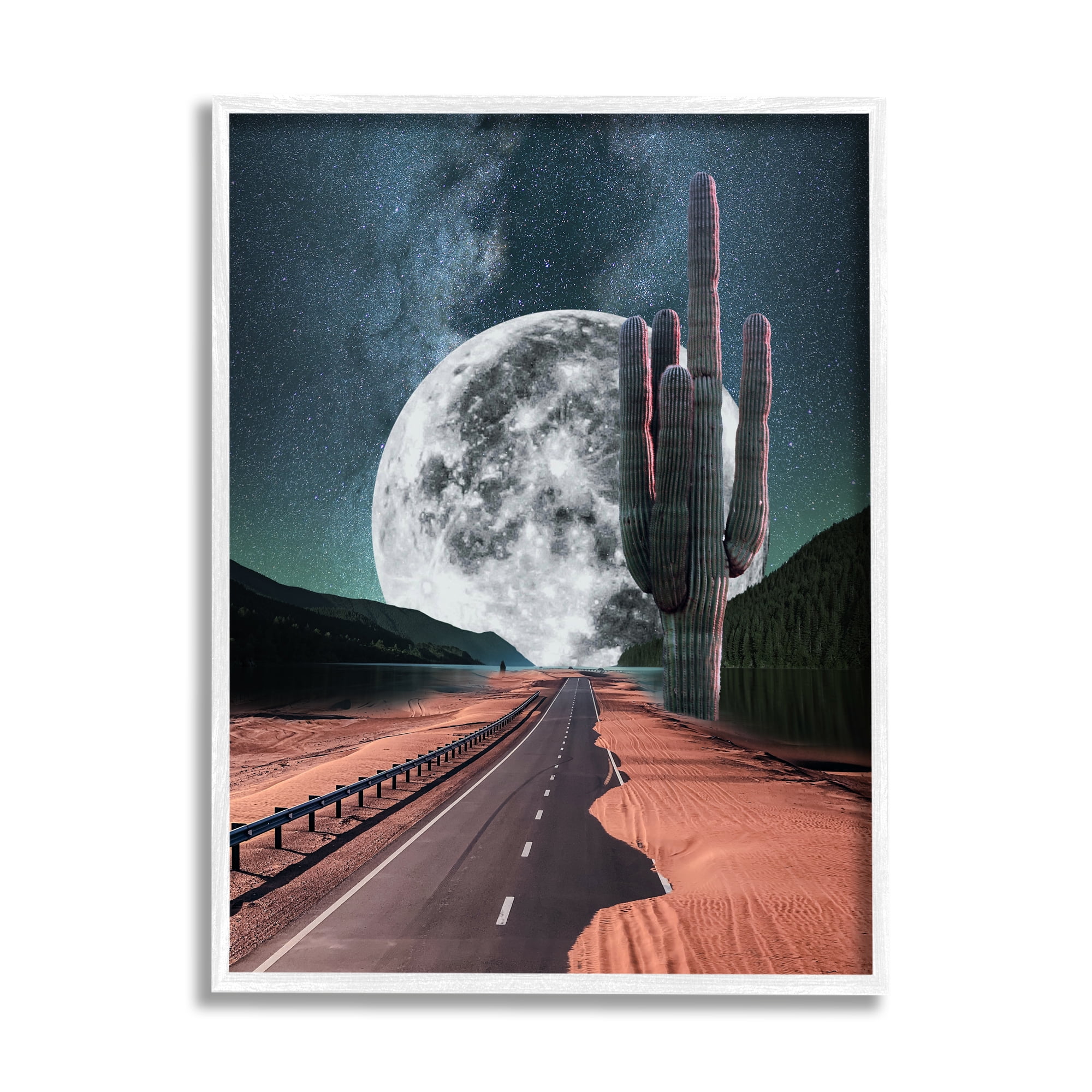 Stupell Industries Surreal Moon & Desert Highway Landscape Painting White Framed Art Print Wall Art, 16 x 20