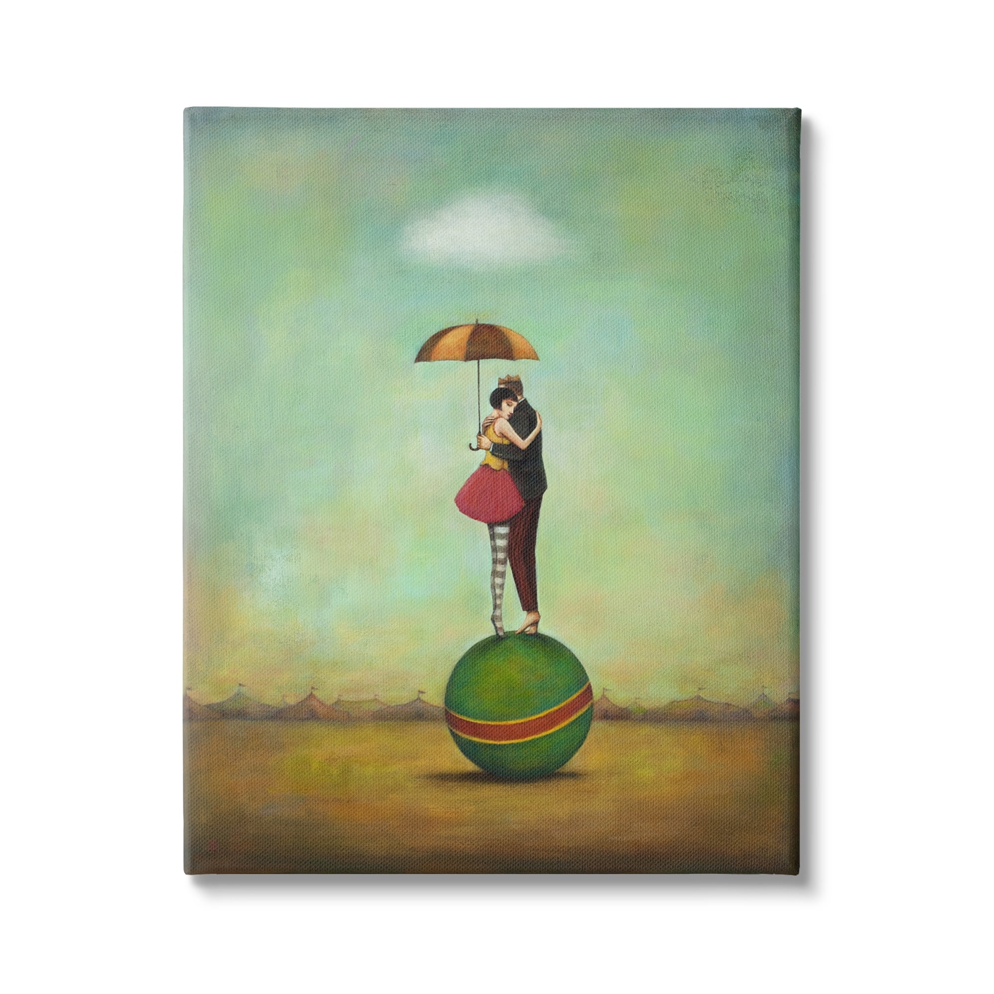 Surreal People & Umbrella Balancing Green Striped Ball Novelty Painting Gallery-Wrapped Canvas Print Wall Art