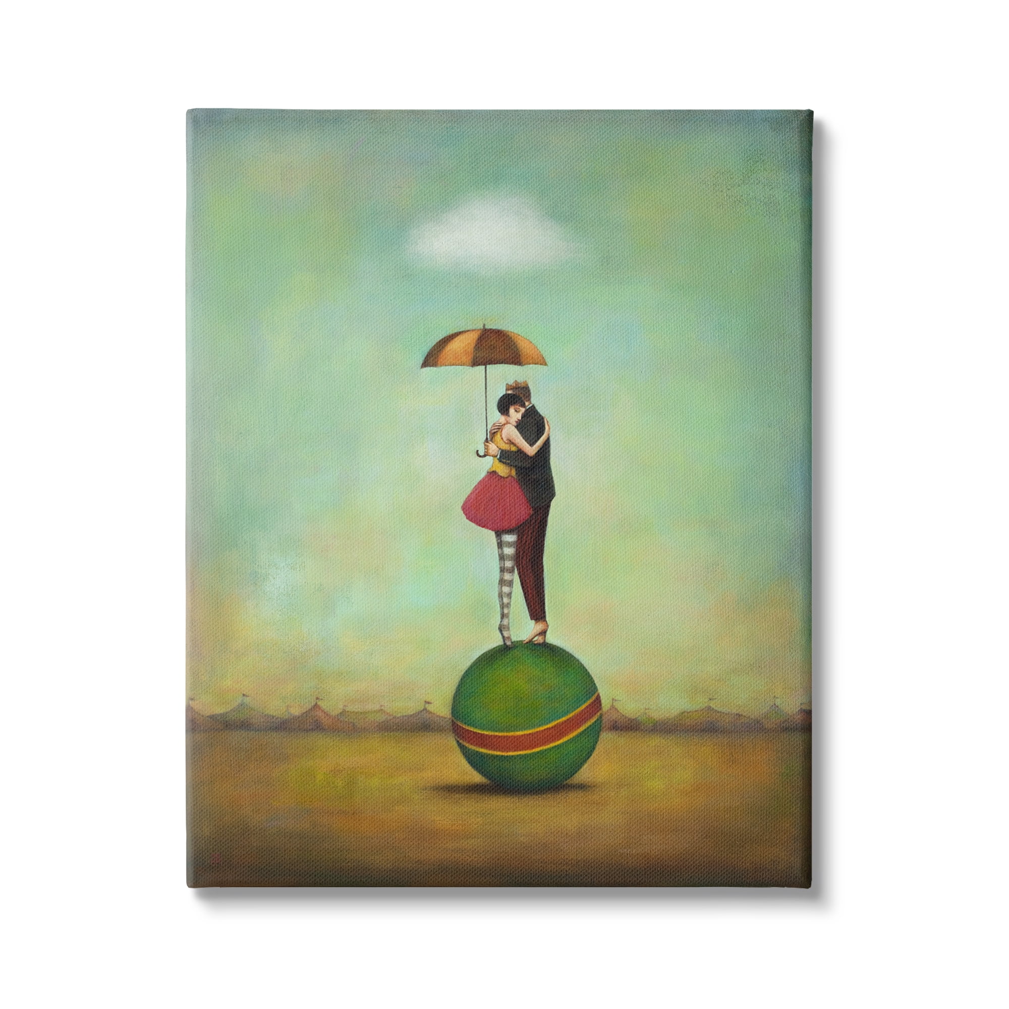 Surreal People & Umbrella Balancing Green Striped Ball Novelty Painting Gallery-Wrapped Canvas Print Wall Art