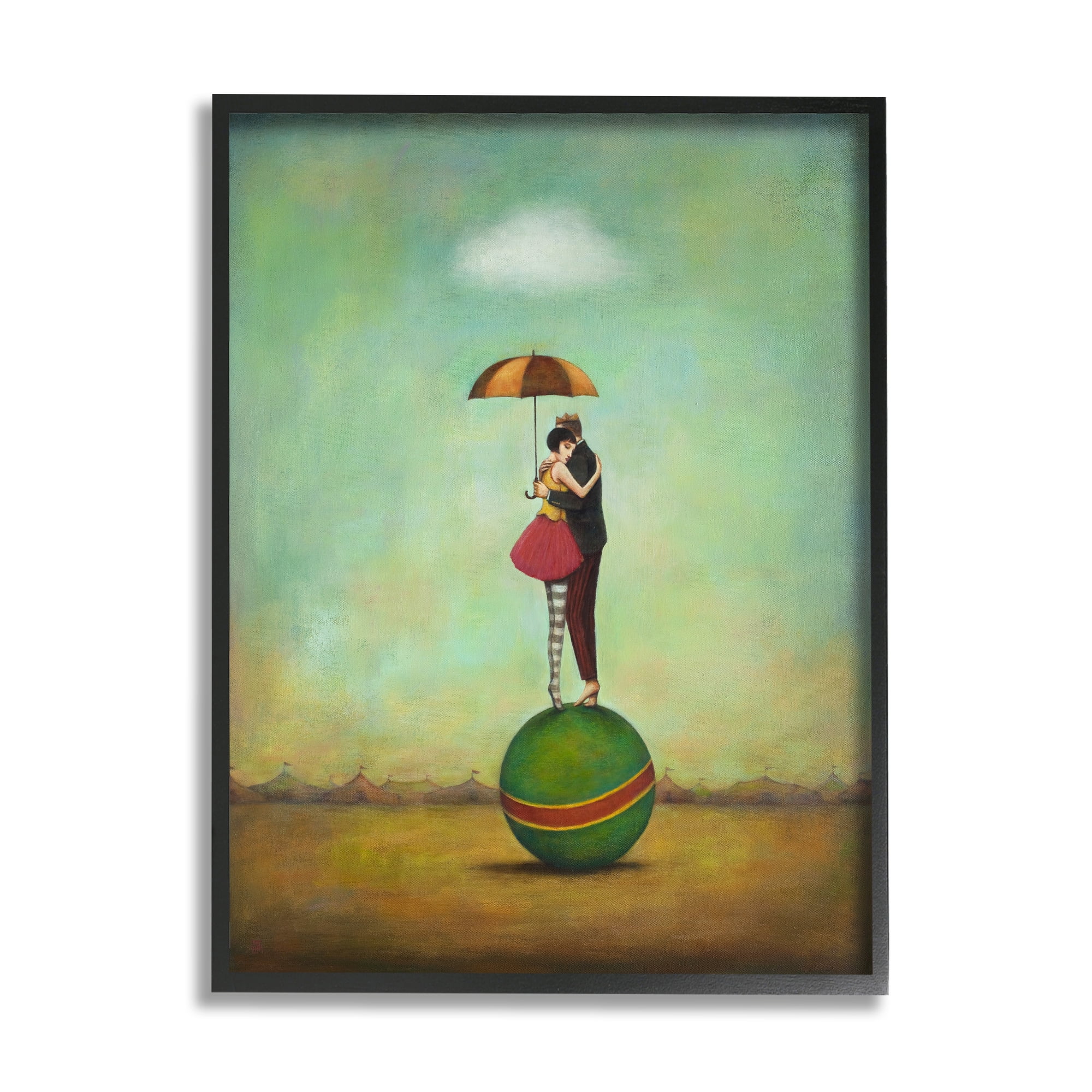 Surreal People & Umbrella Balancing Green Striped Ball Novelty Painting Framed Art Print Wall Art