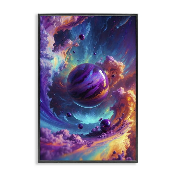 Stupell Industries Surreal Planets with Chromatic Clouds Outer Space Painting Black Framed Art Print Wall Art, 12 x 18