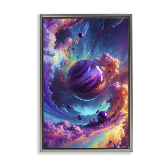 Stupell Industries Surreal Planets with Chromatic Clouds Outer Space Painting Gray Floater Framed Canvas Art Print Wall Art, 21 x 31